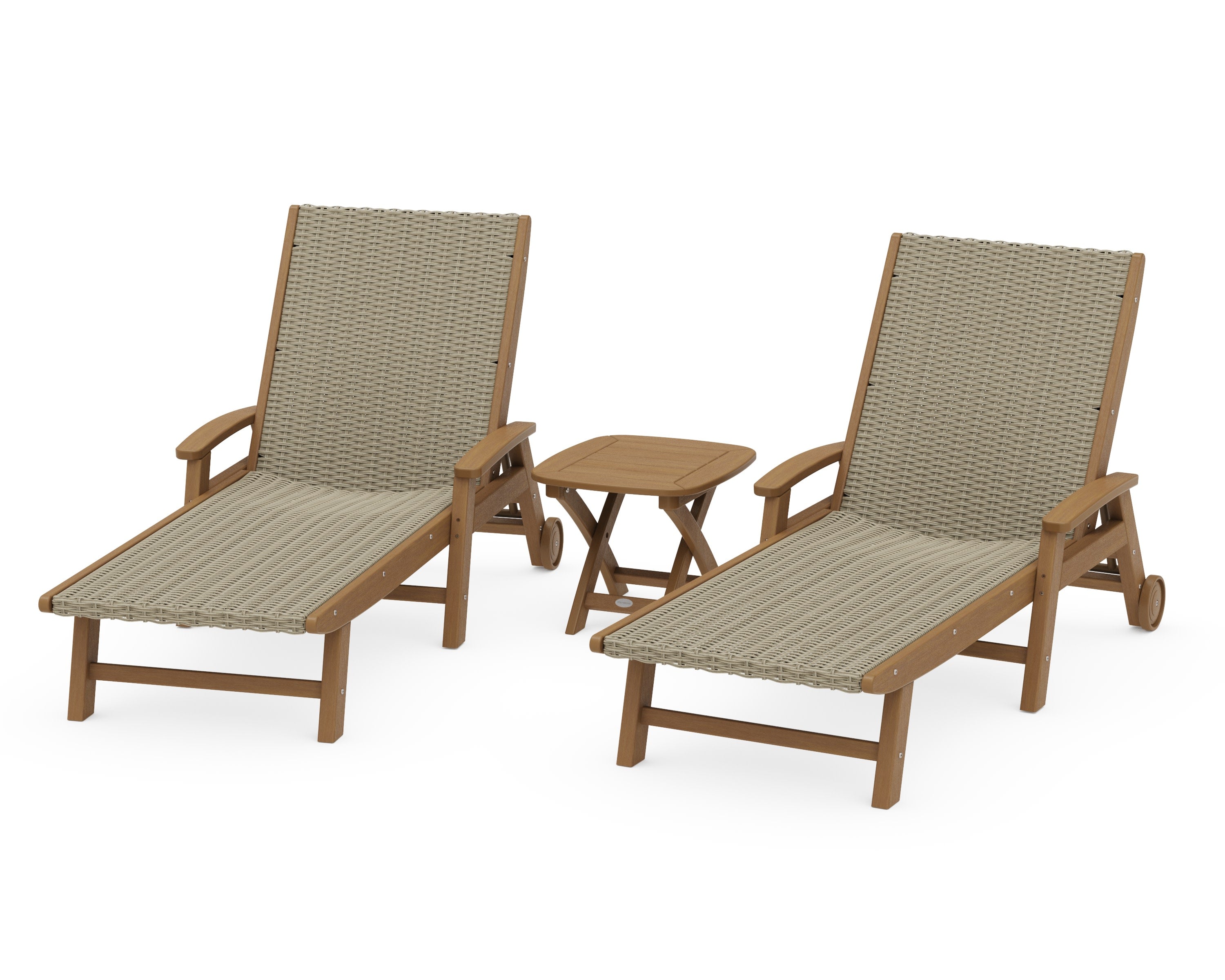 3-Piece Coastal Woven Chaise with Arms and Wheels Chaise Lounge Set in Natural / Dune Grass