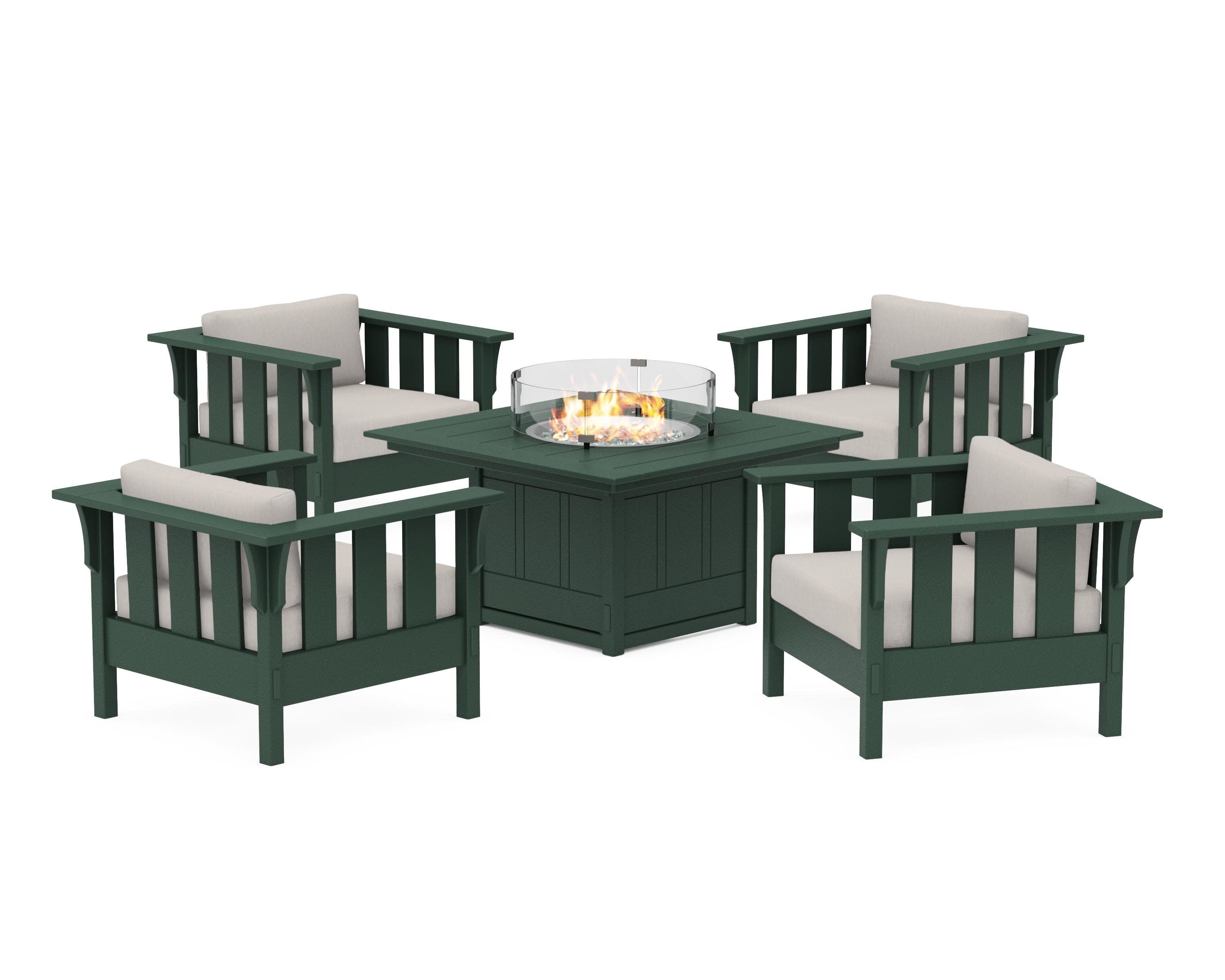 Acadia 5-Piece Deep Seating Set with Fire Pit Table in Green / Cast Ash