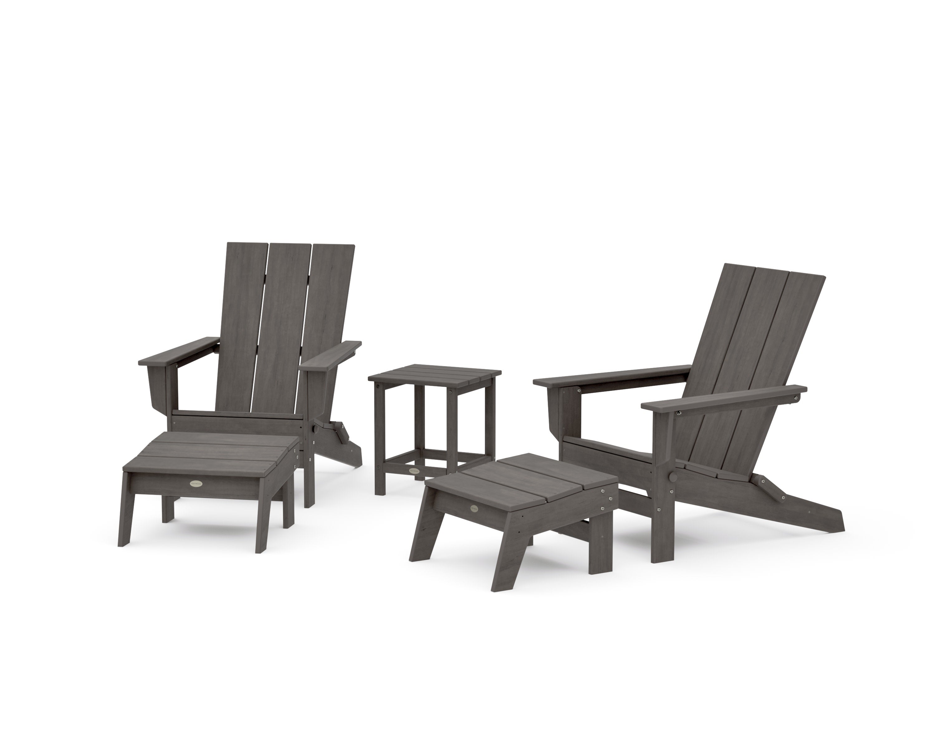 5-Piece Modern Studio Folding Adirondack Set with Ottomans and Side Table in Driftwood