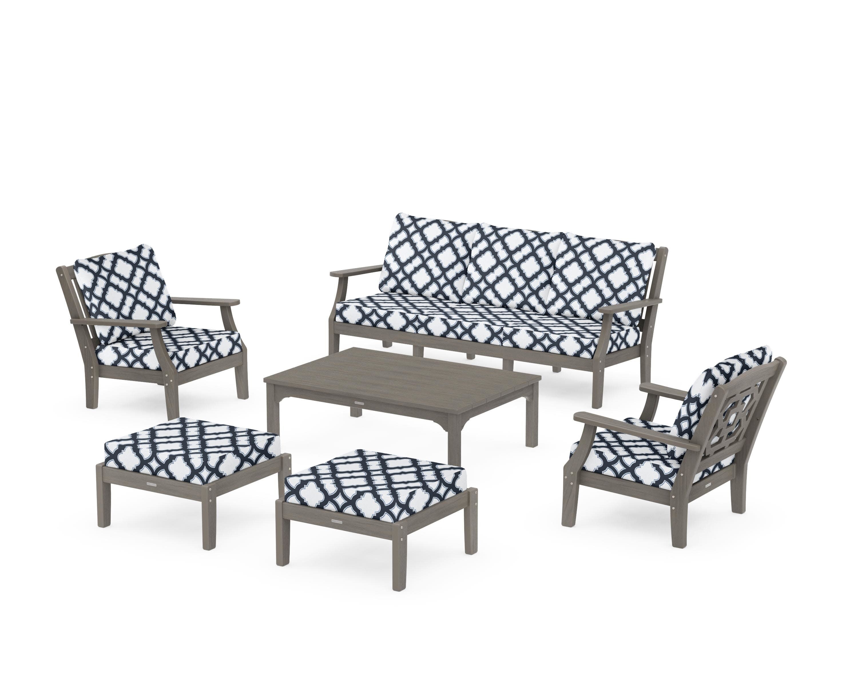 Chinoiserie 6-Piece Lounge Sofa Set in Driftwood / Trellis Marine Indigo