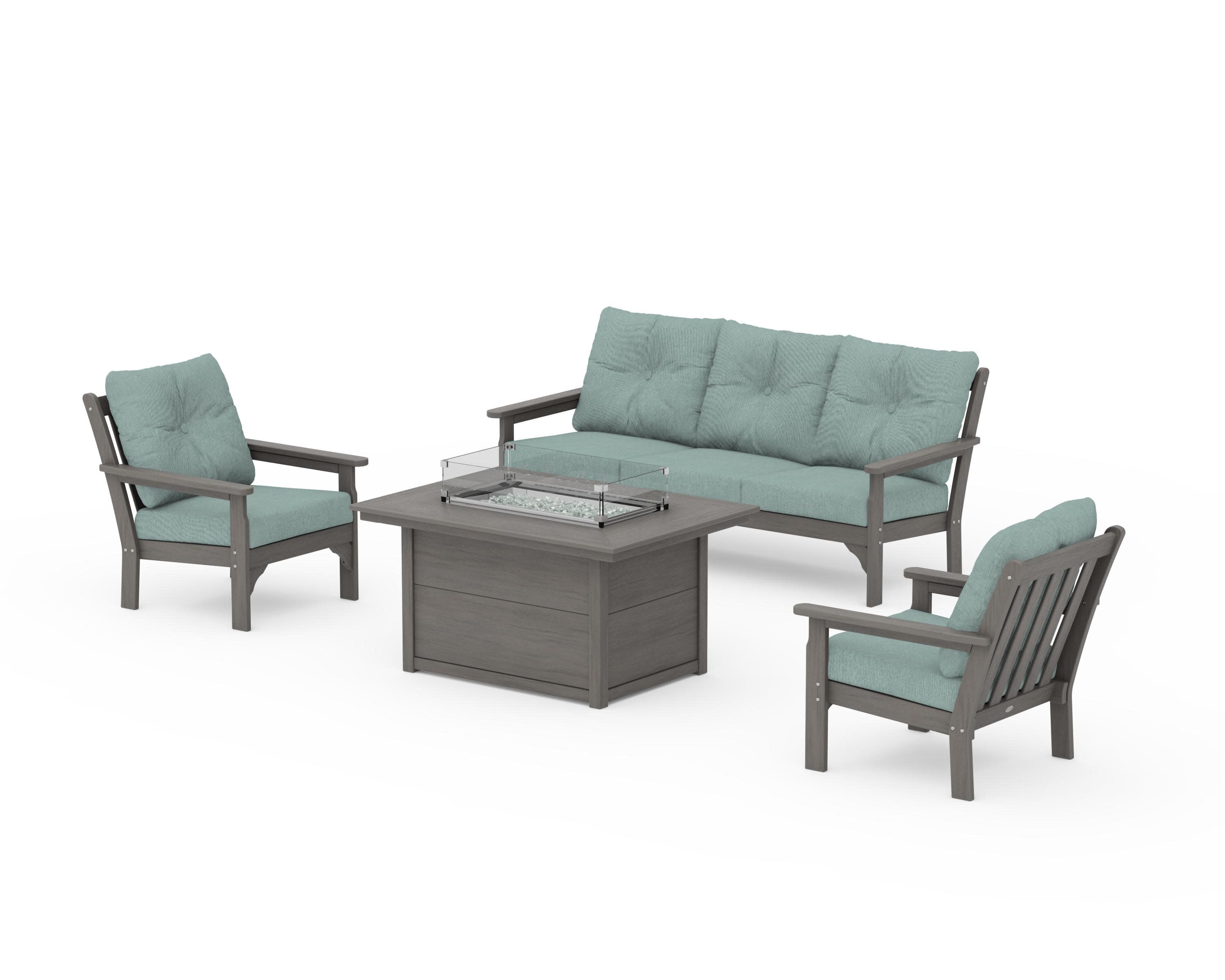 Vineyard Deep Seating Fire Pit Table Set in Driftwood / Glacier Spa