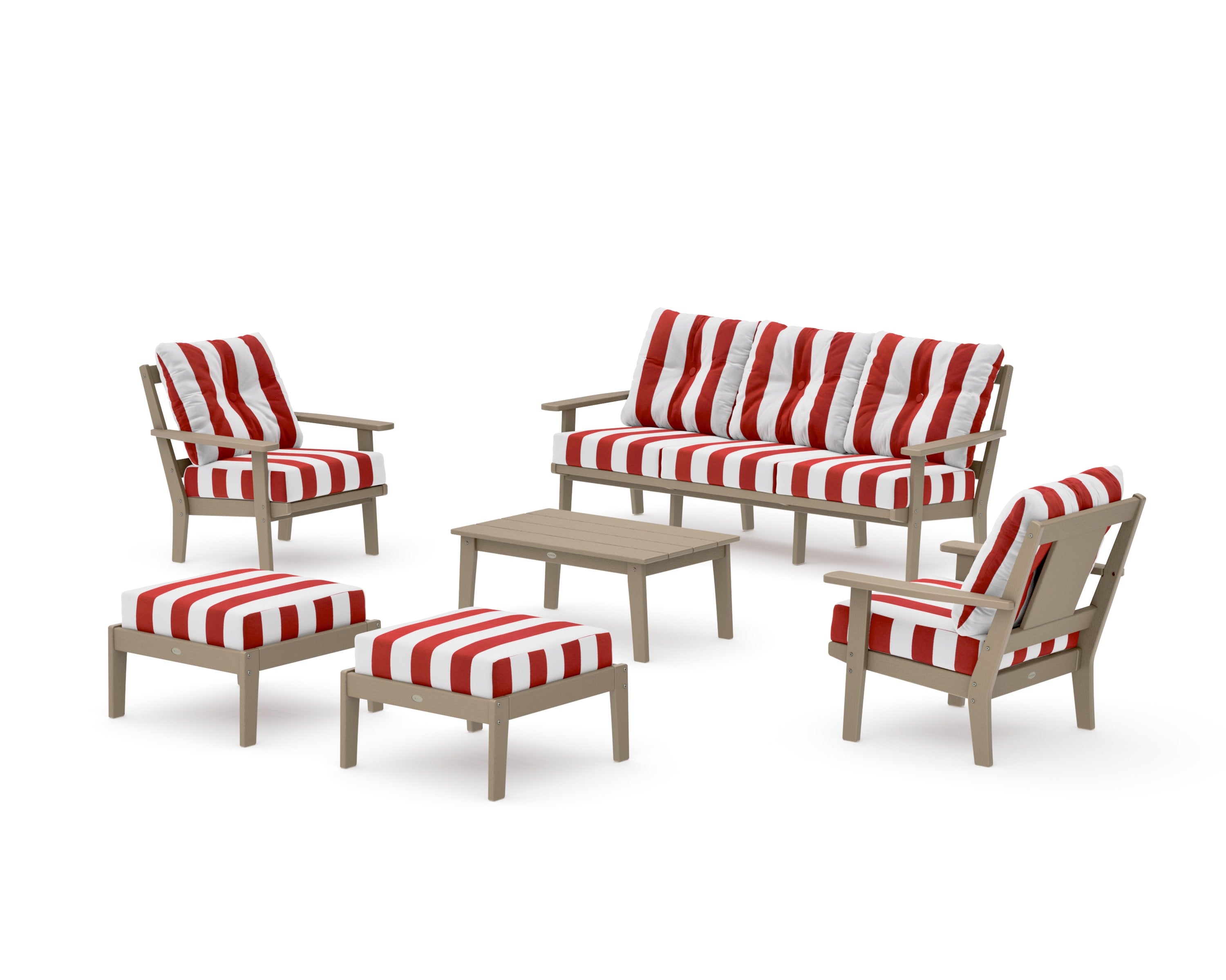 Prairie 6-Piece Lounge Sofa Set in Vintage Sahara / Cabana Stripe Crimson
