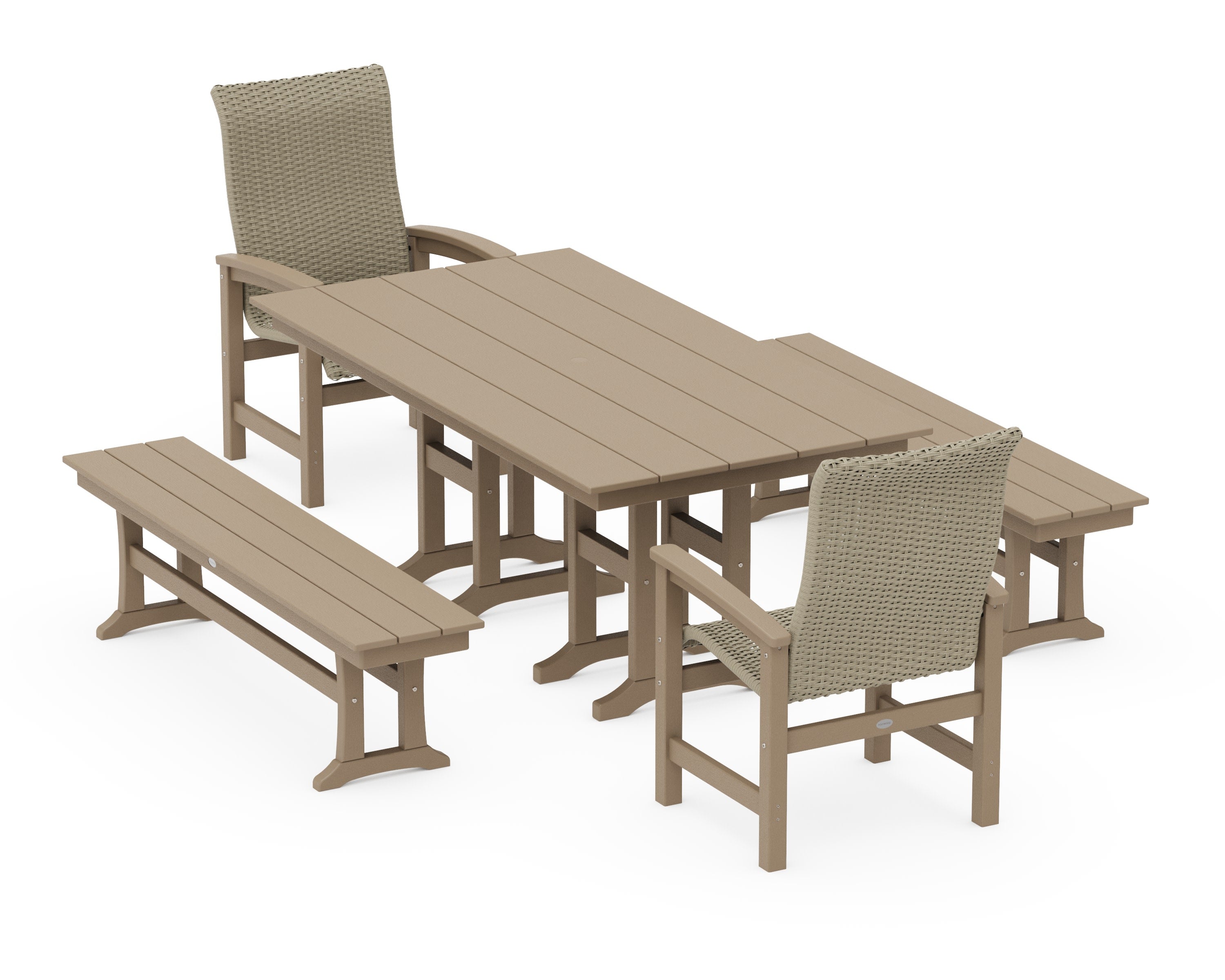 Coastal Woven High-Back 5-Piece Farmhouse Dining Set with Benches in Vintage Sahara / Dune Grass