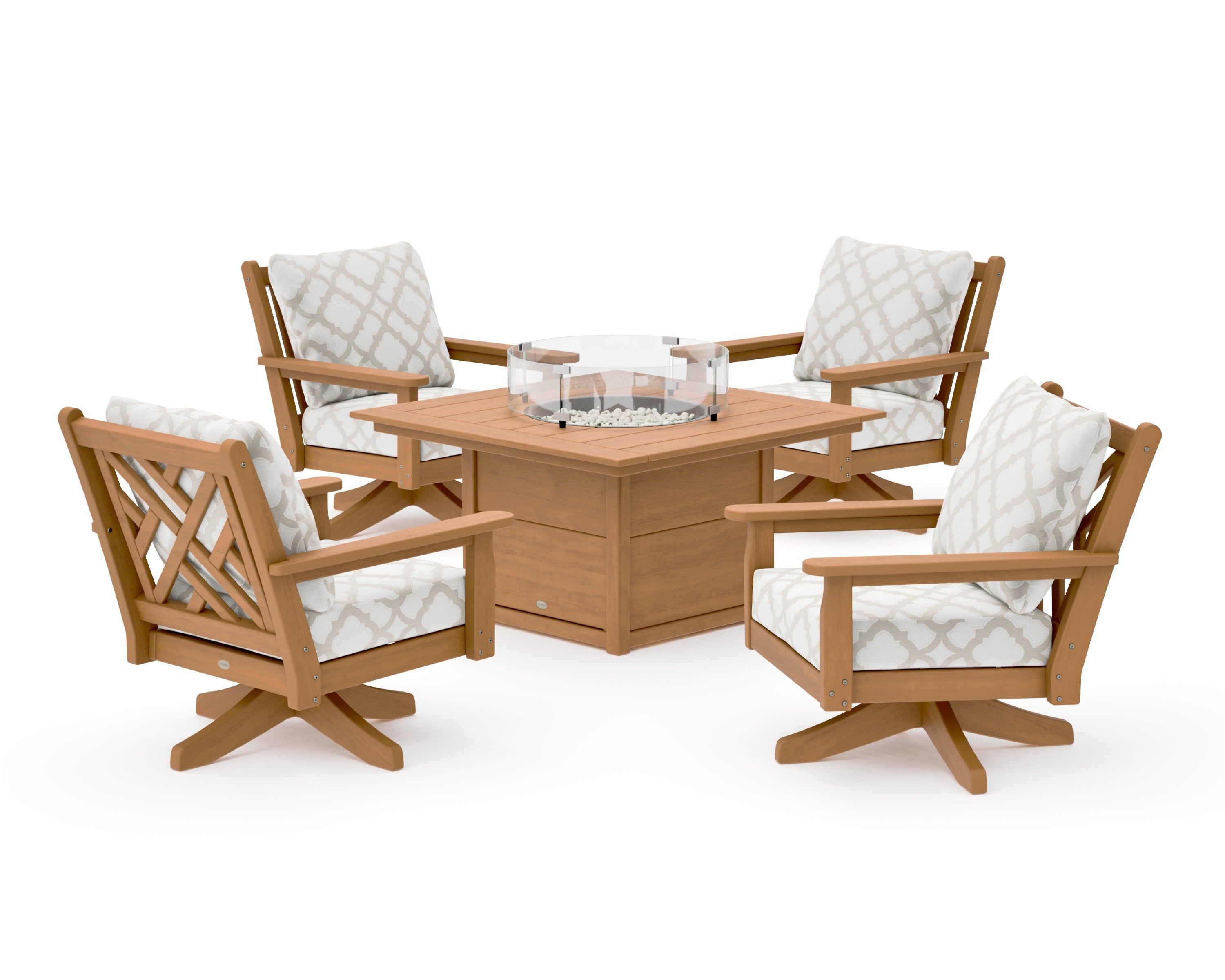 Chippendale 5-Piece Deep Seating Swivel Conversation Set with Fire Pit Table in Natural / Trellis Dune Burlap