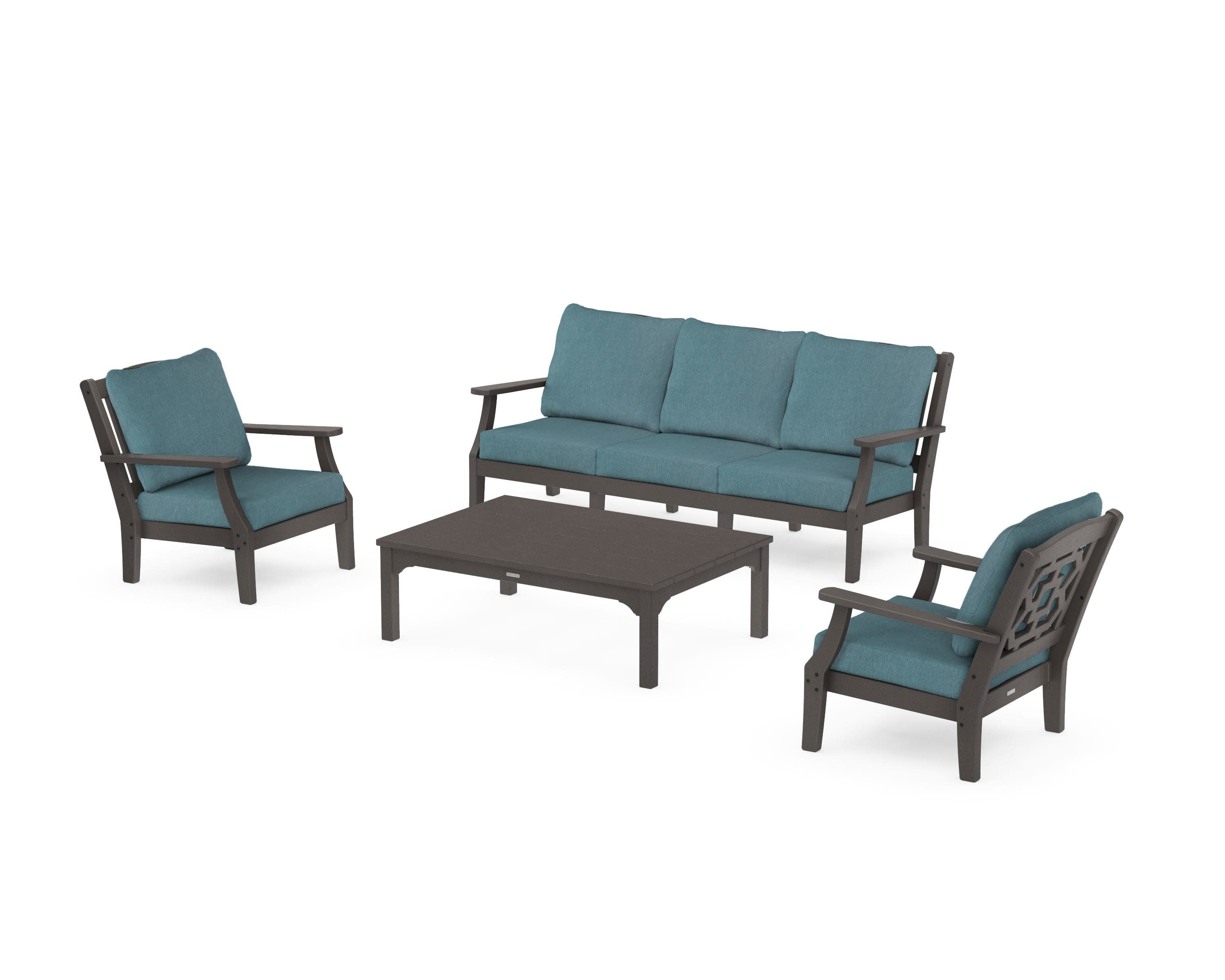 Chinoiserie 4-Piece Deep Seating Set with Sofa in Vintage Coffee / Ocean Teal