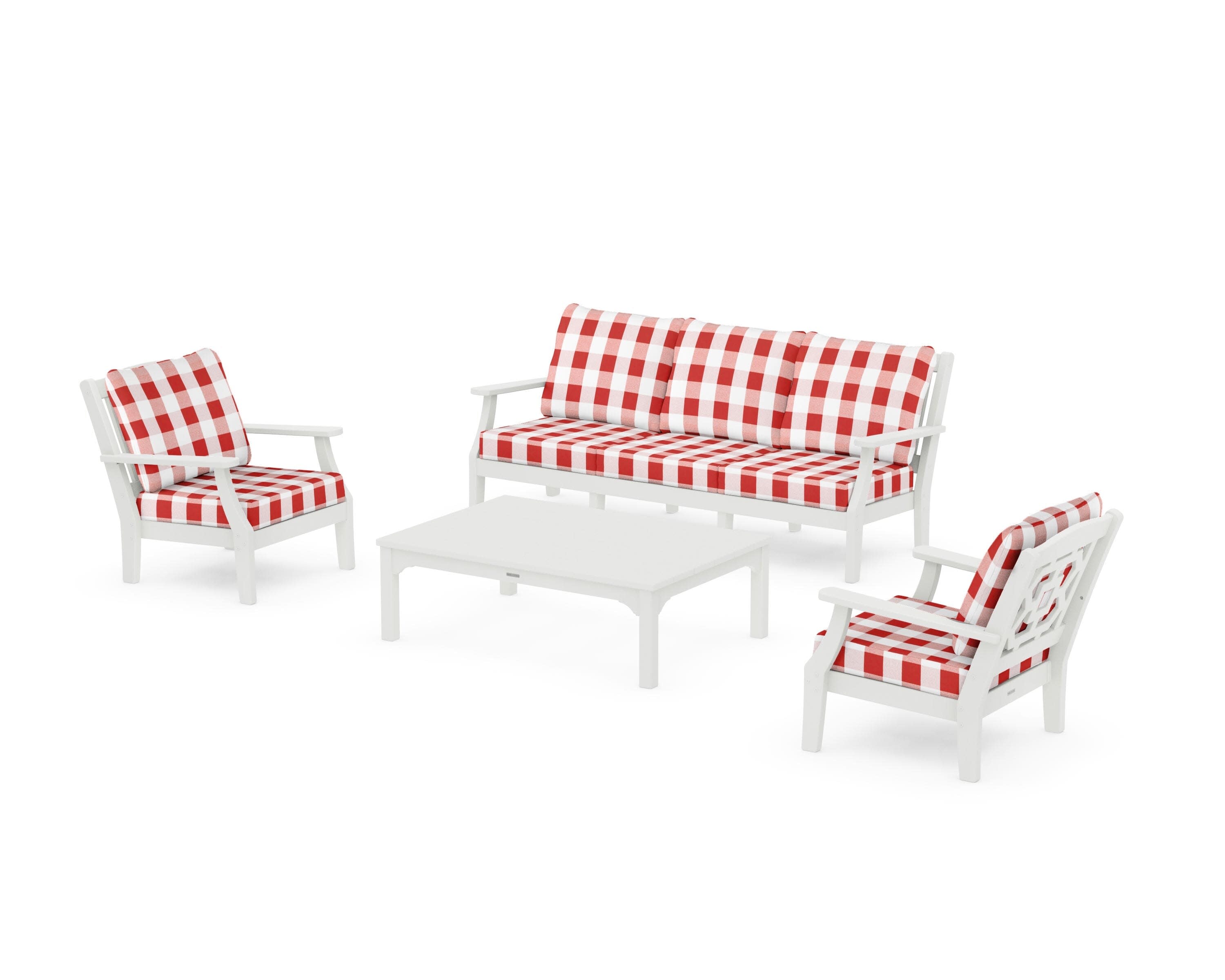Chinoiserie 4-Piece Deep Seating Set with Sofa in Vintage White / Buffalo Plaid Crimson