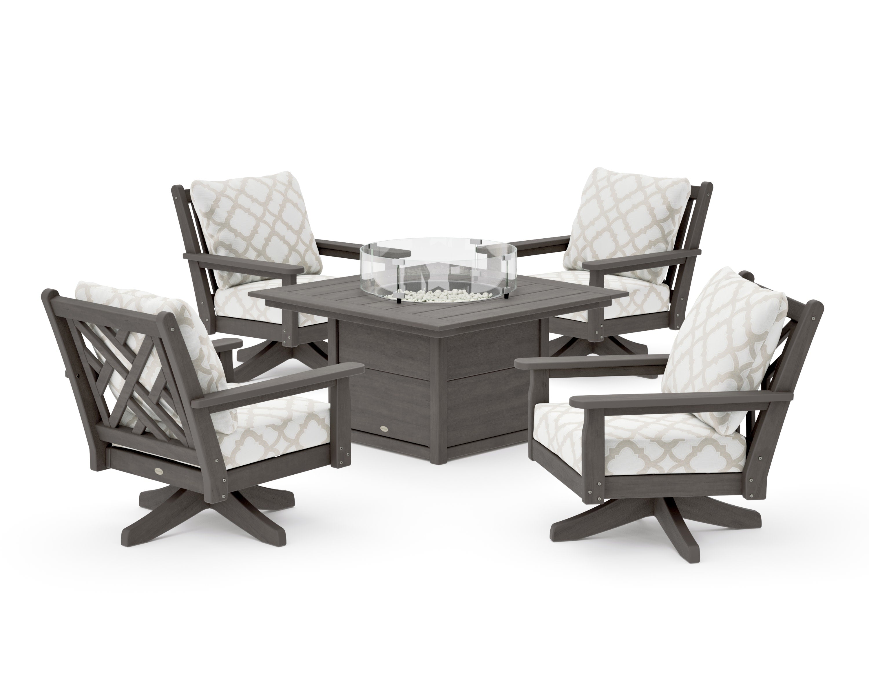 Chippendale 5-Piece Deep Seating Swivel Conversation Set with Fire Pit Table in Driftwood / Trellis Dune Burlap