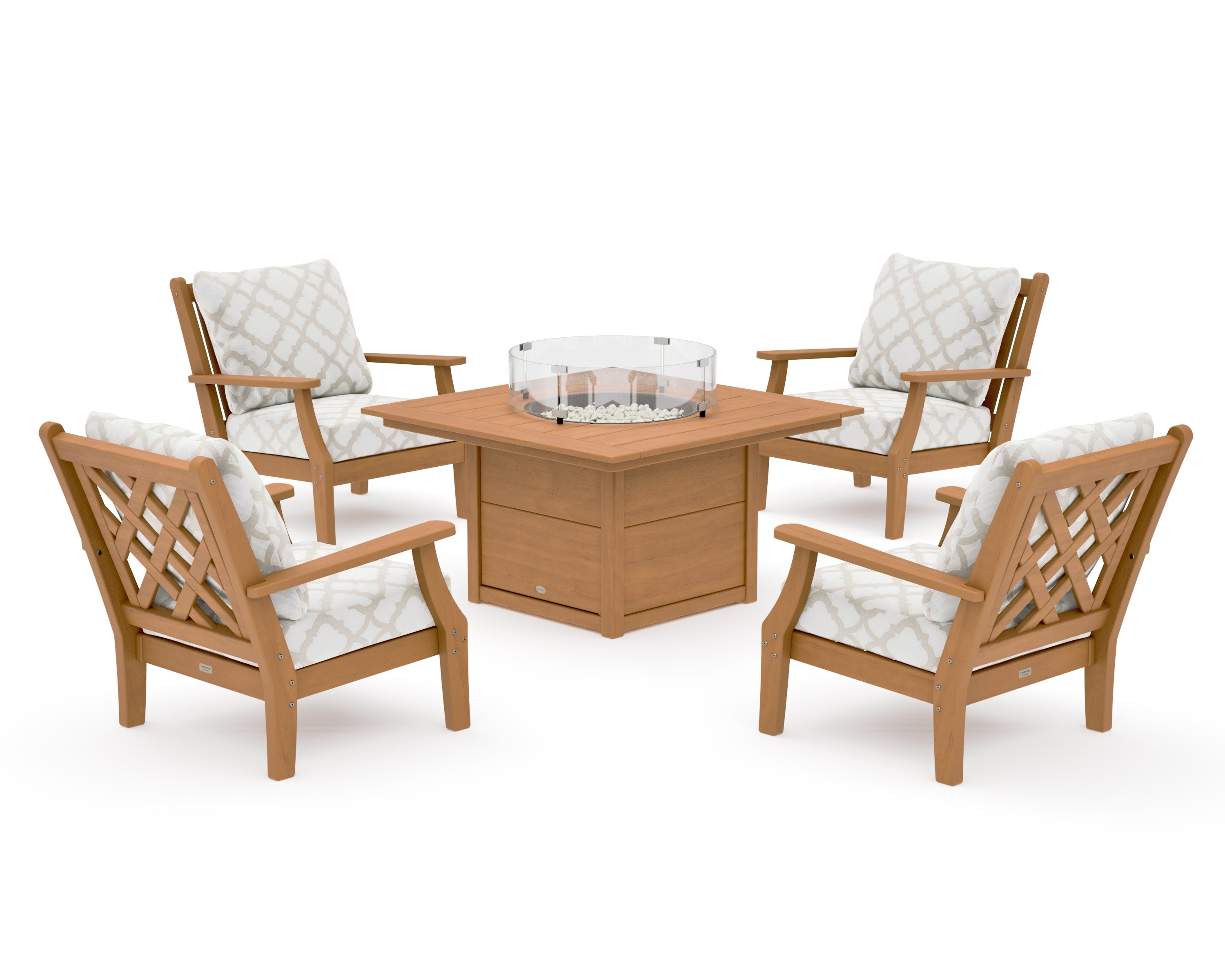 Wovendale 5-Piece Deep Seating Set with Fire Pit Table in Natural / Trellis Dune Burlap
