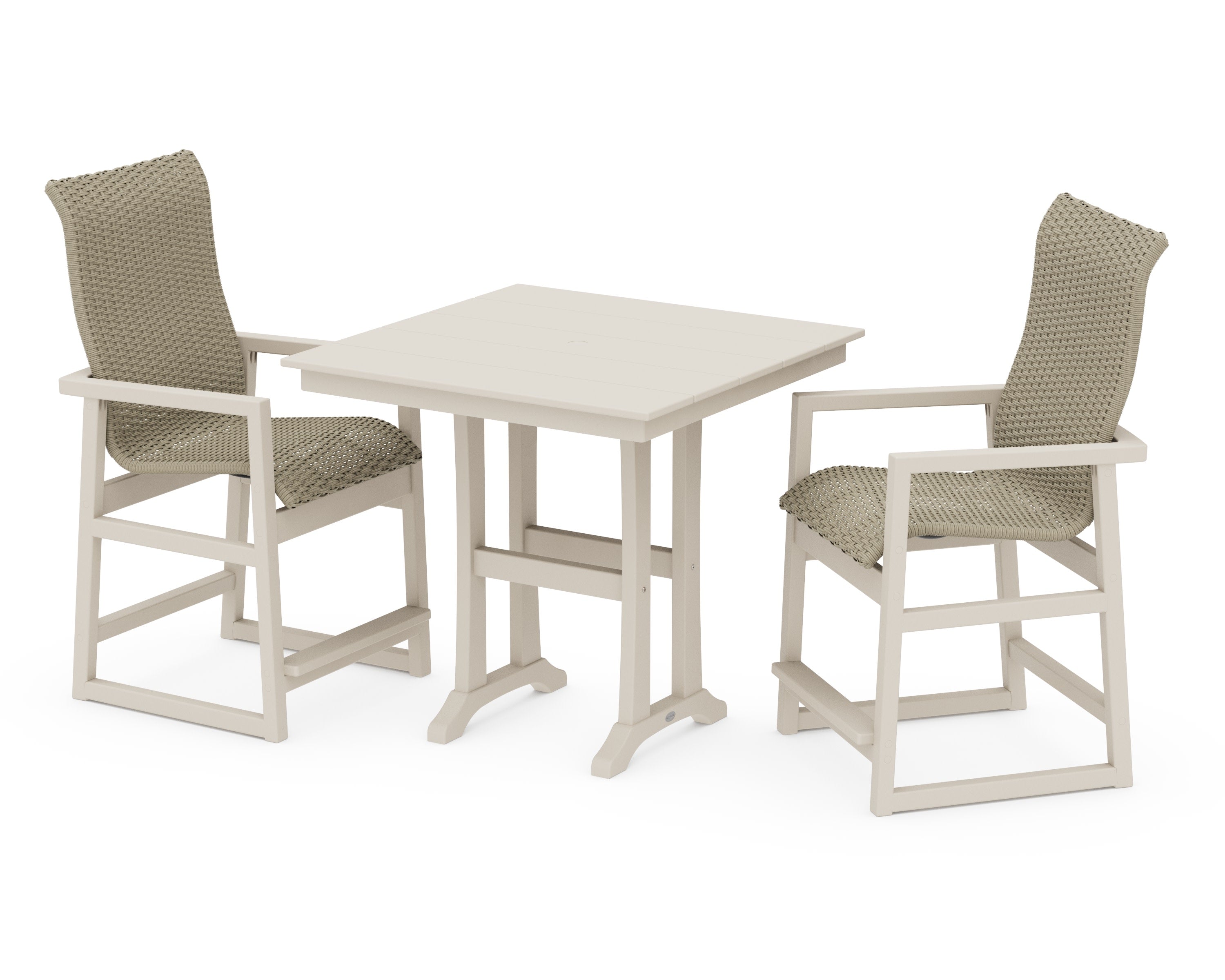 EDGE Woven Highback 3-Piece Farmhouse Counter Set with Trestle Legs in Sand / Dune Grass