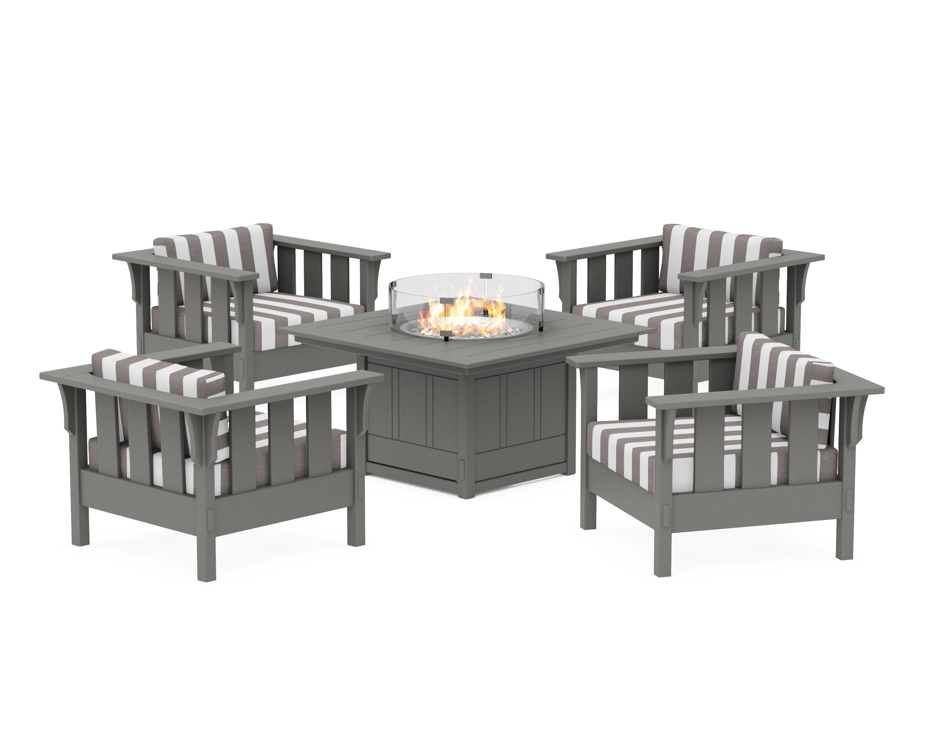 Acadia 5-Piece Deep Seating Set with Fire Pit Table in Slate Grey / Cabana Stripe Grey Mist