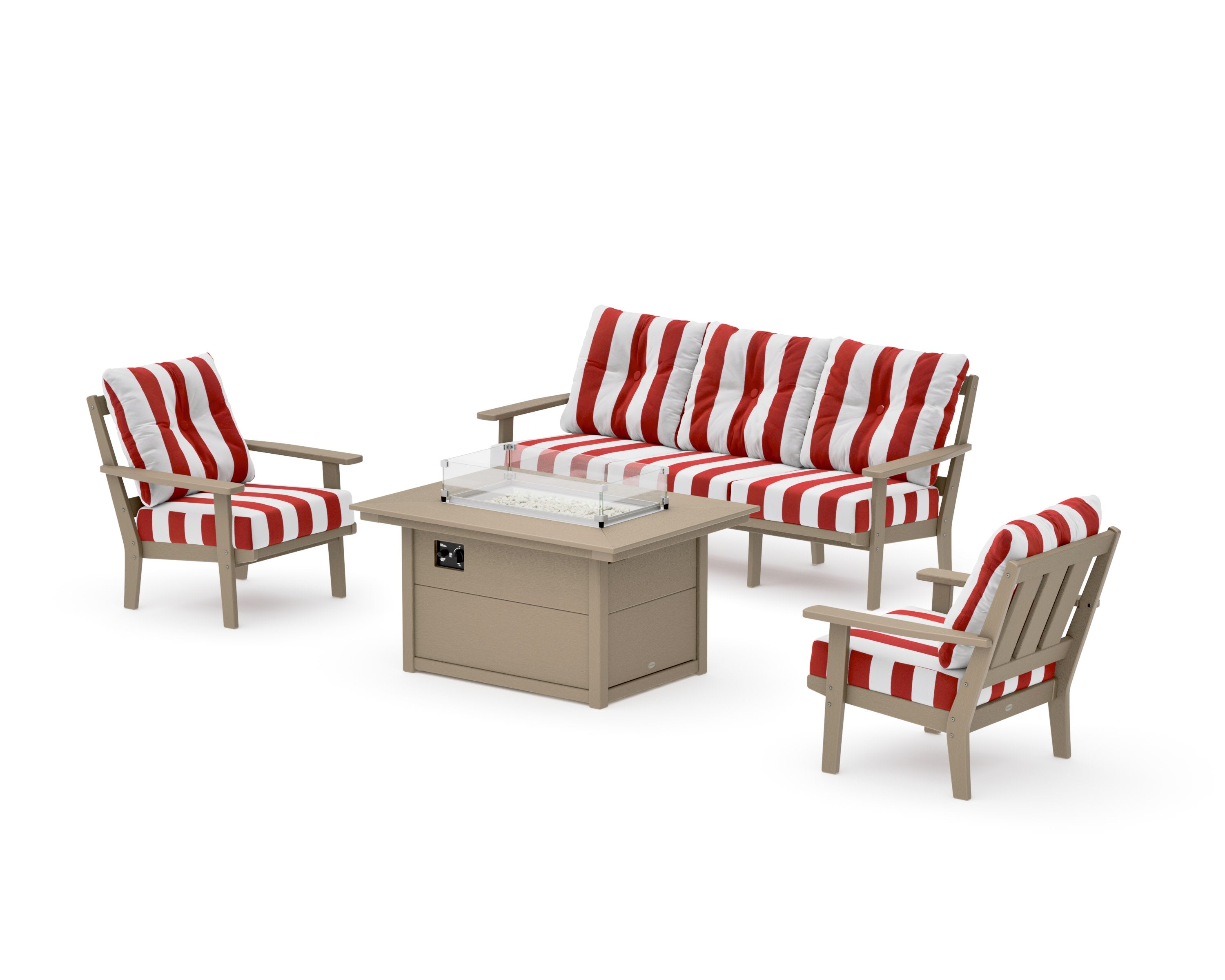 Oxford Deep Seating Fire Pit Table Set in Vintage Sahara / Cabana Stripe Crimson