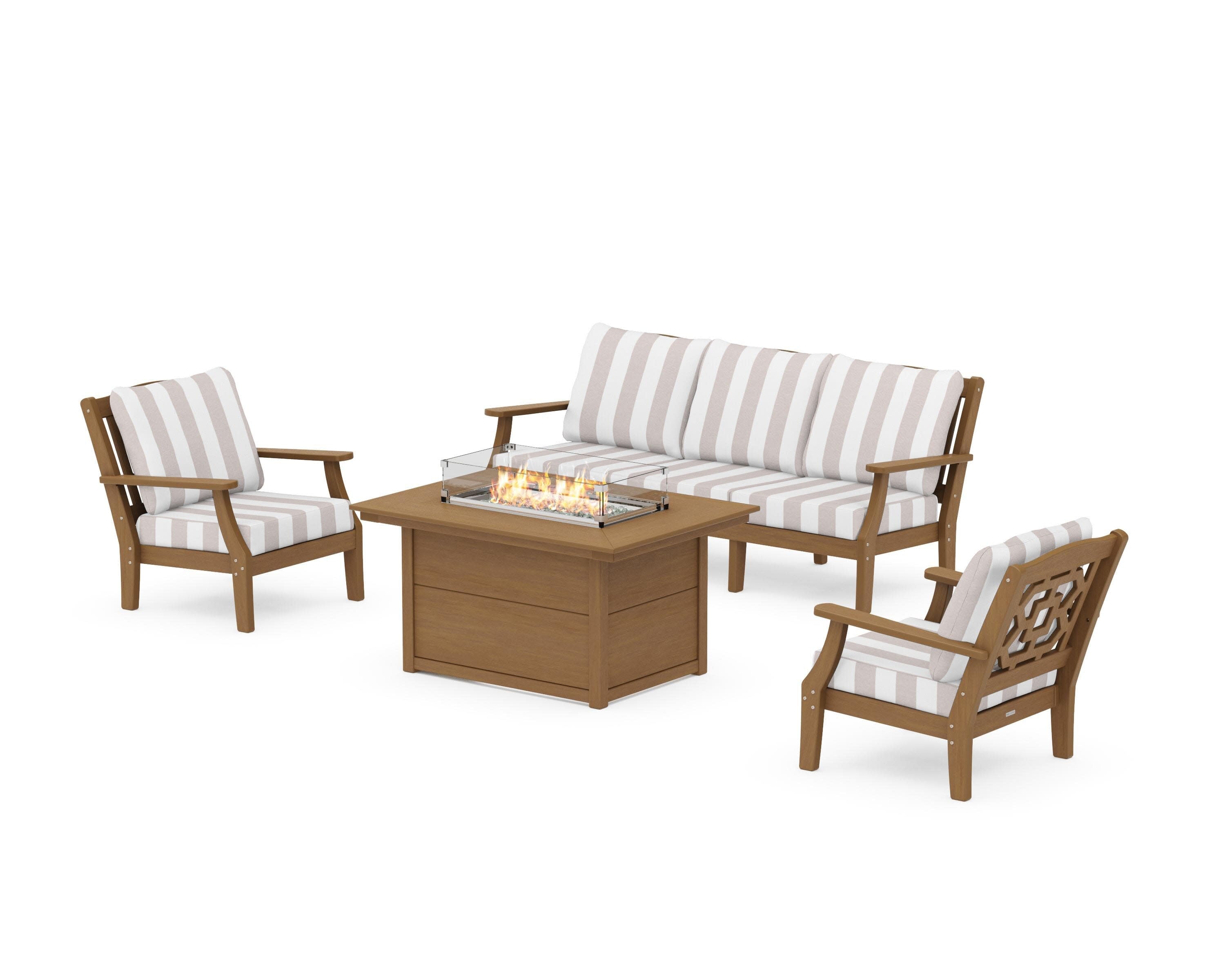Chinoiserie Deep Seating Fire Pit Table Set in Natural / Cabana Stripe Dune Burlap