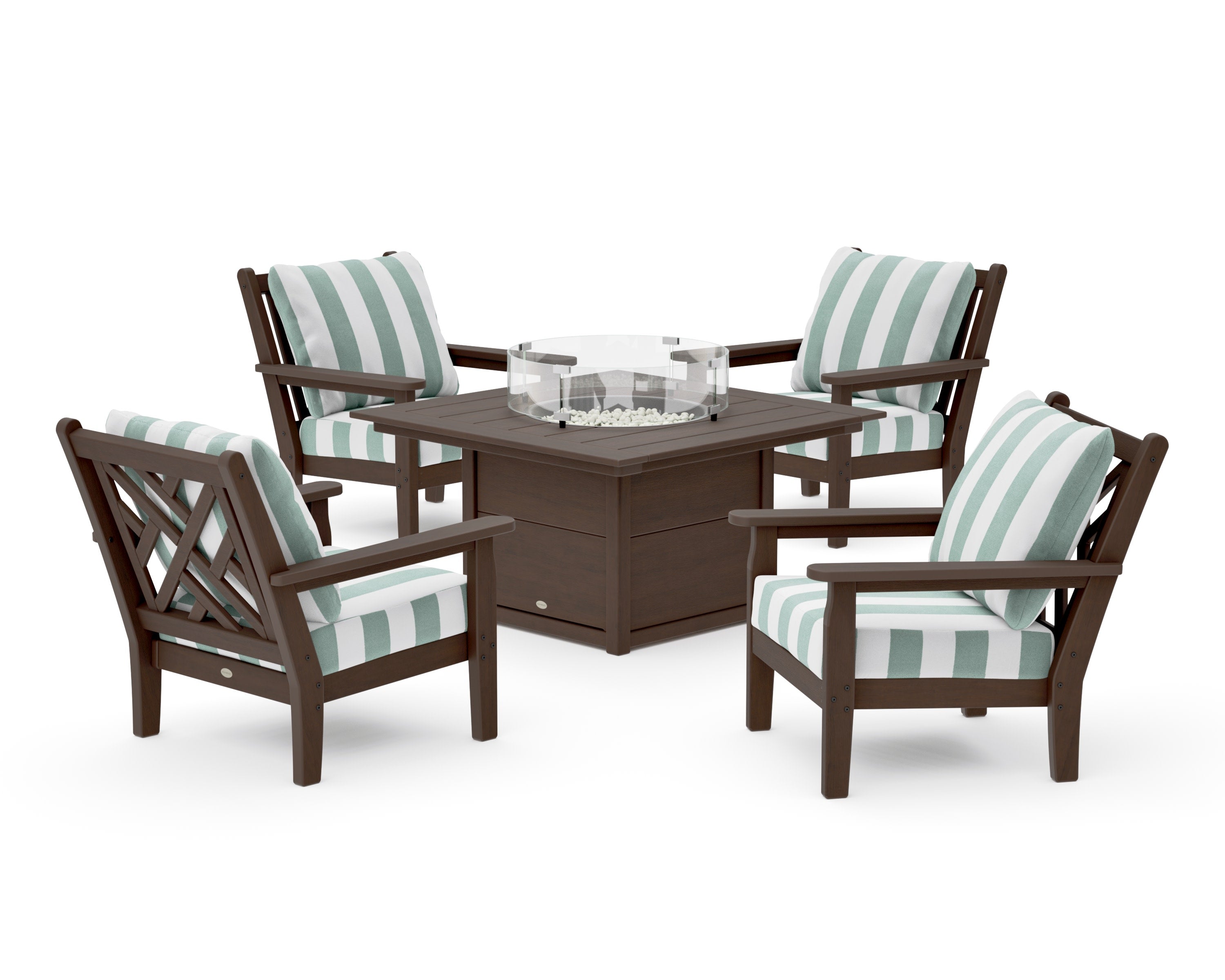Chippendale 5-Piece Deep Seating Set with Fire Pit Table in Kona / Cabana Stripe Glacier Spa