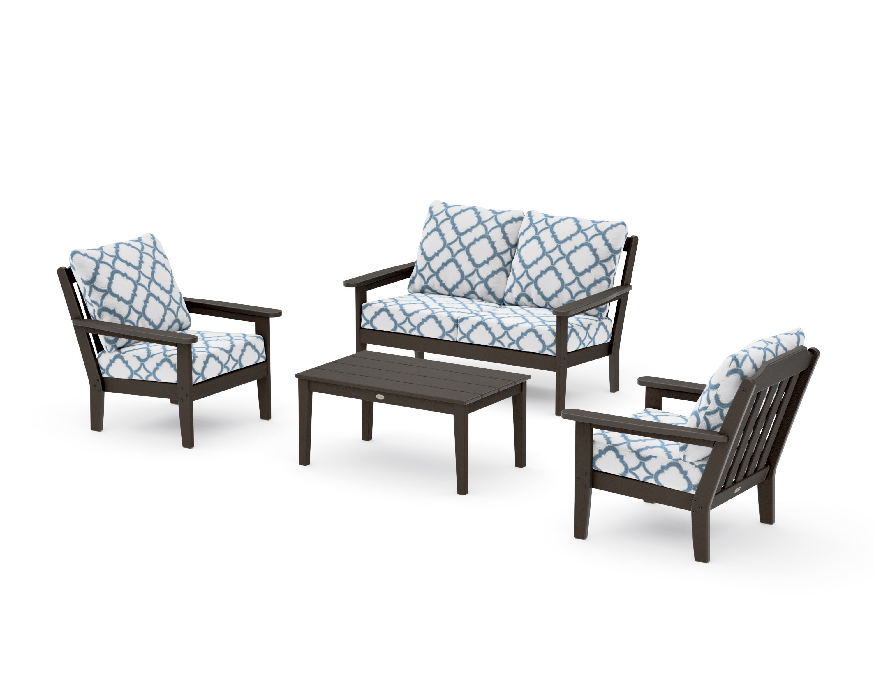 Cottage 4-Piece Deep Seating Set with Loveseat in Vintage Coffee / Trellis Sky Blue