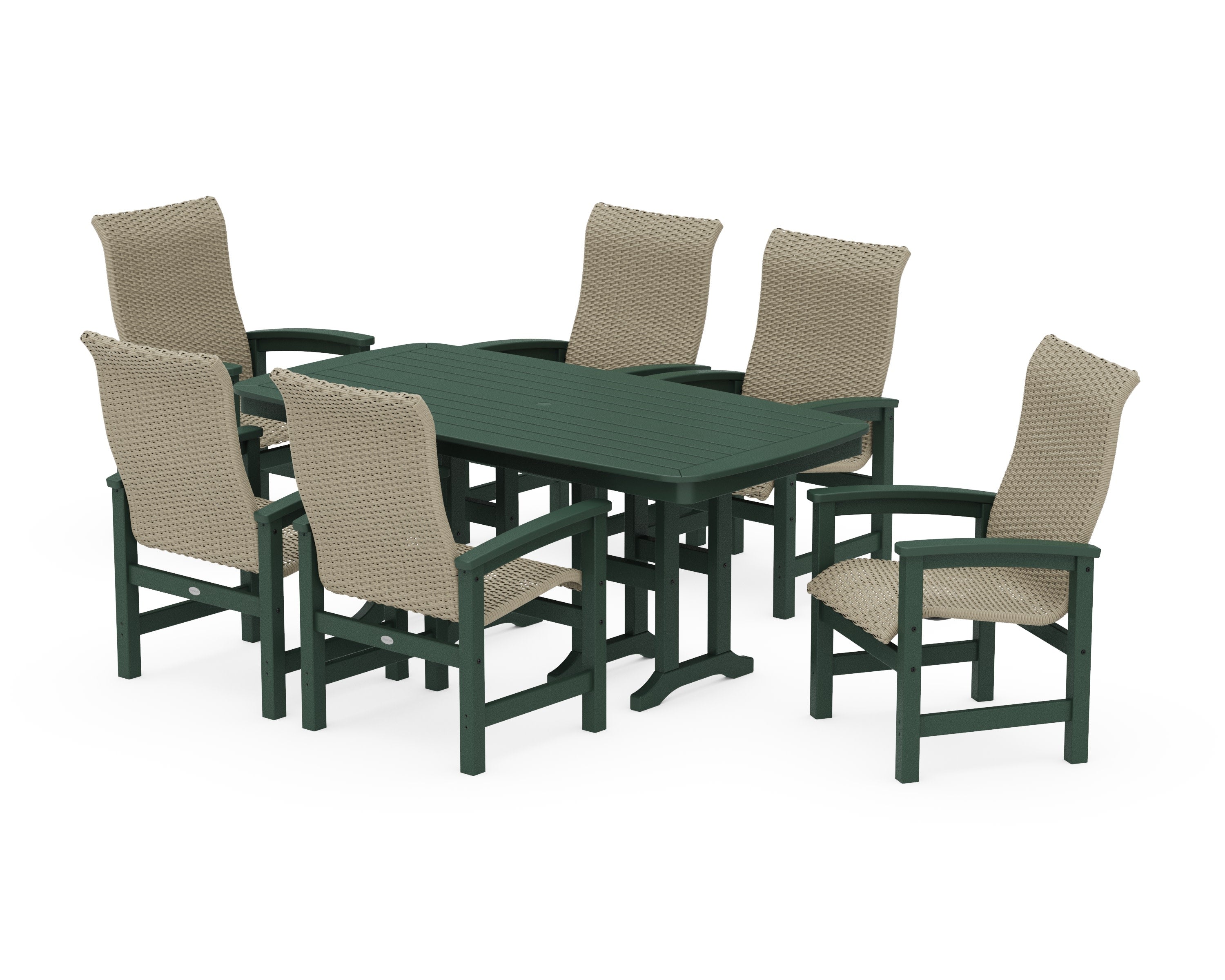 Coastal Woven High-Back Arm Chair 7-Piece Dining Set in Green / Dune Grass