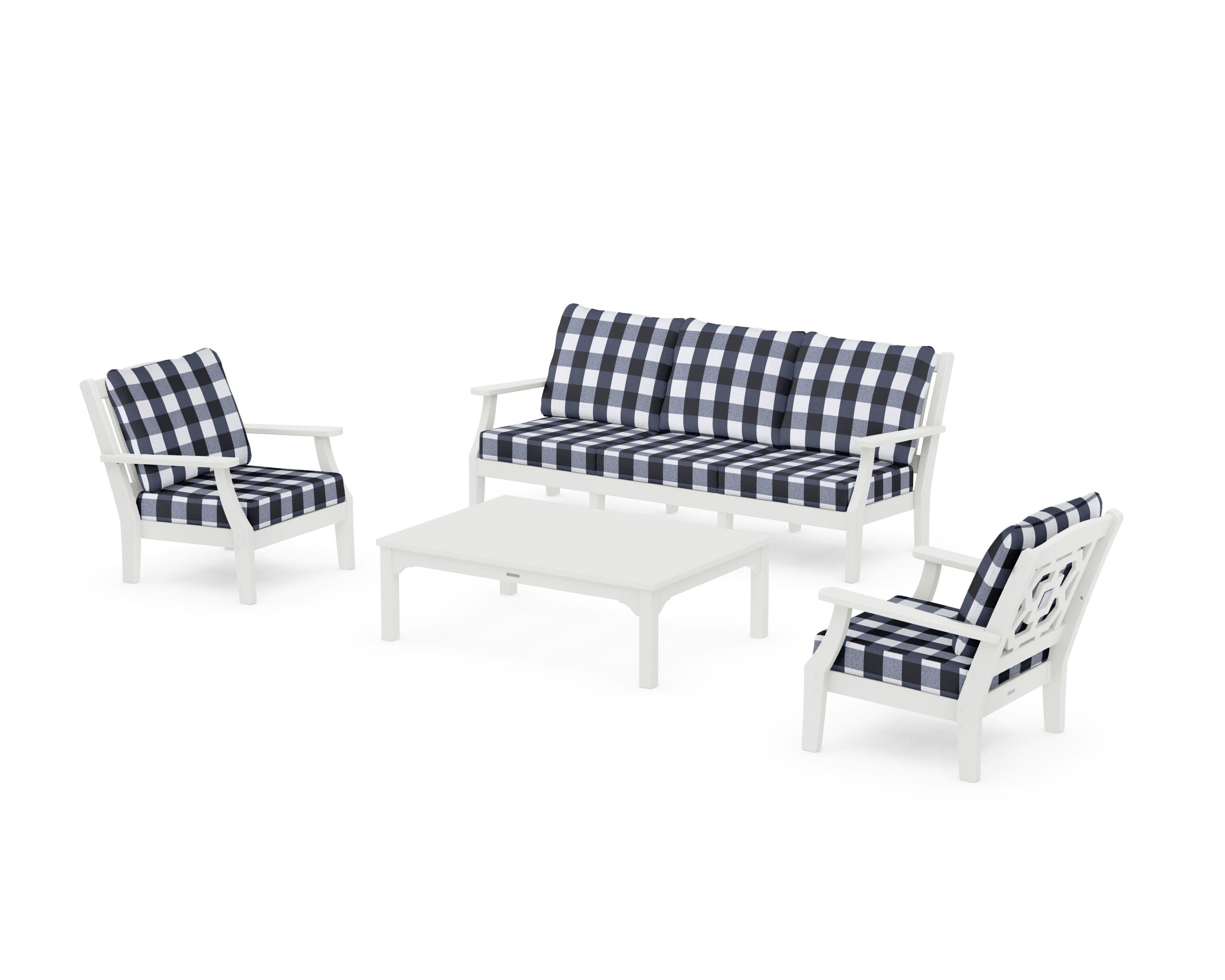 Chinoiserie 4-Piece Deep Seating Set with Sofa in Vintage White / Buffalo Plaid Marine Indigo