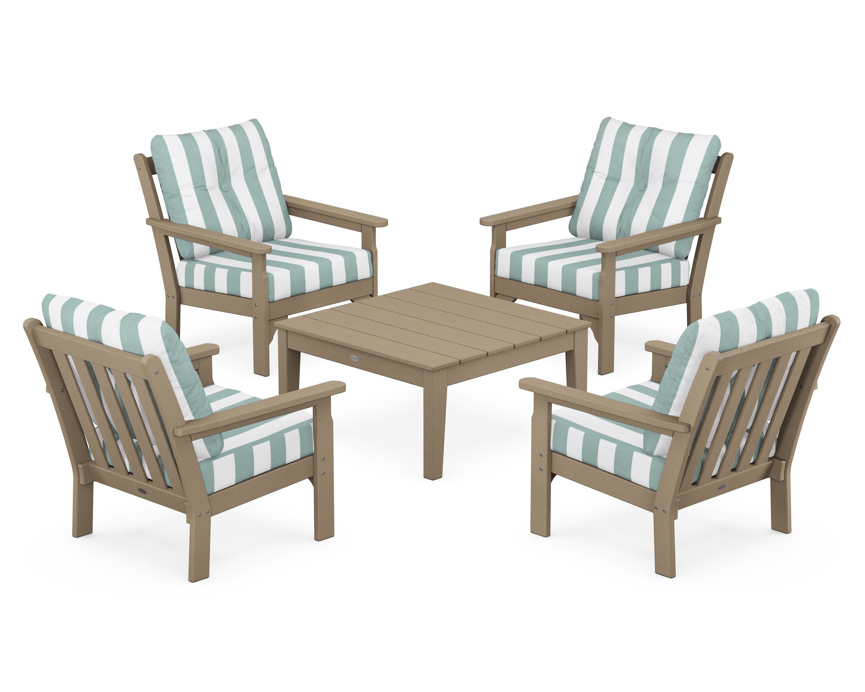 Vineyard 5-Piece Deep Seating Conversation Set in Vintage Sahara / Cabana Stripe Glacier Spa