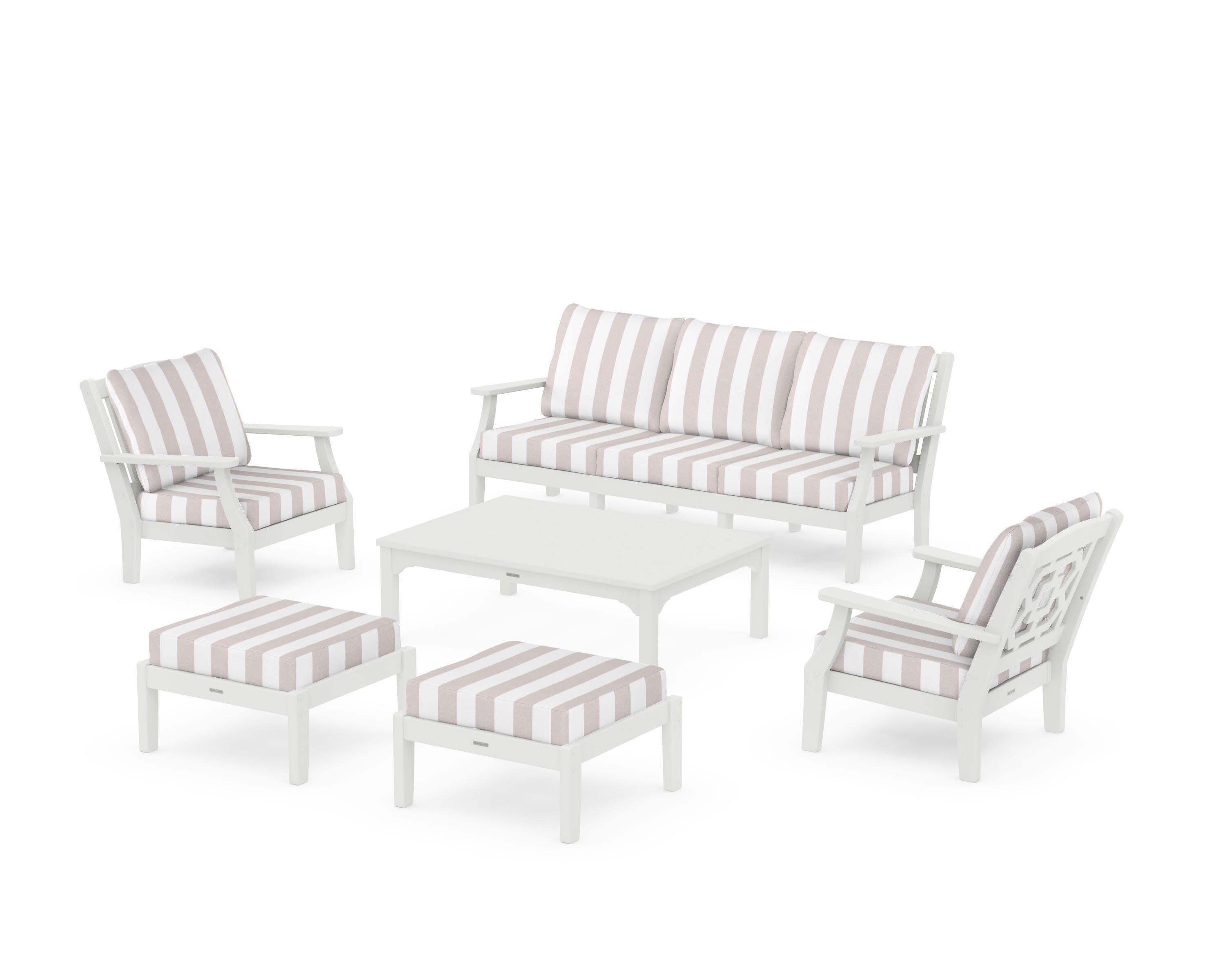 Chinoiserie 6-Piece Lounge Sofa Set in Vintage White / Cabana Stripe Dune Burlap