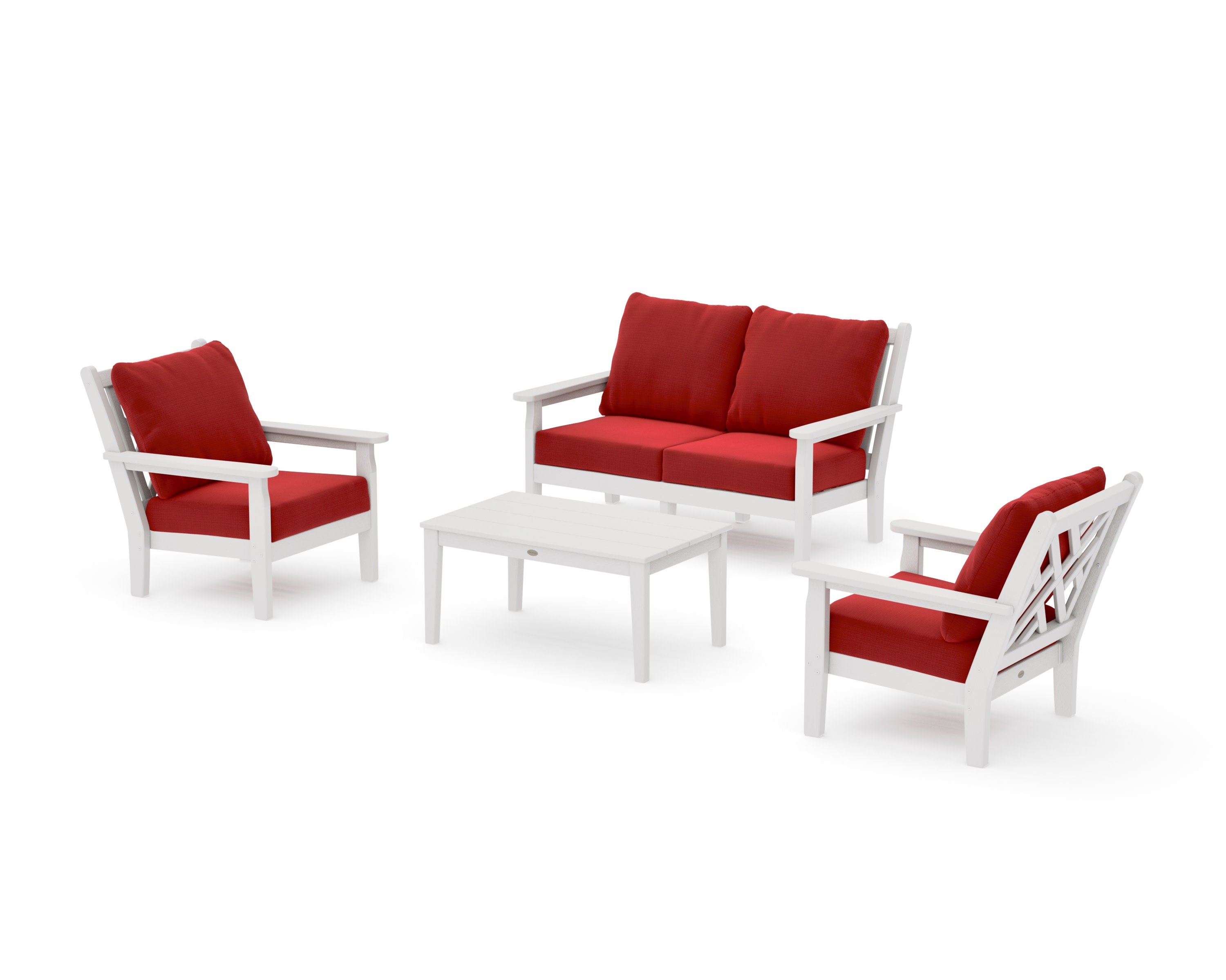 Chippendale 4-Piece Deep Seating Set with Loveseat in Vintage White / Crimson Linen