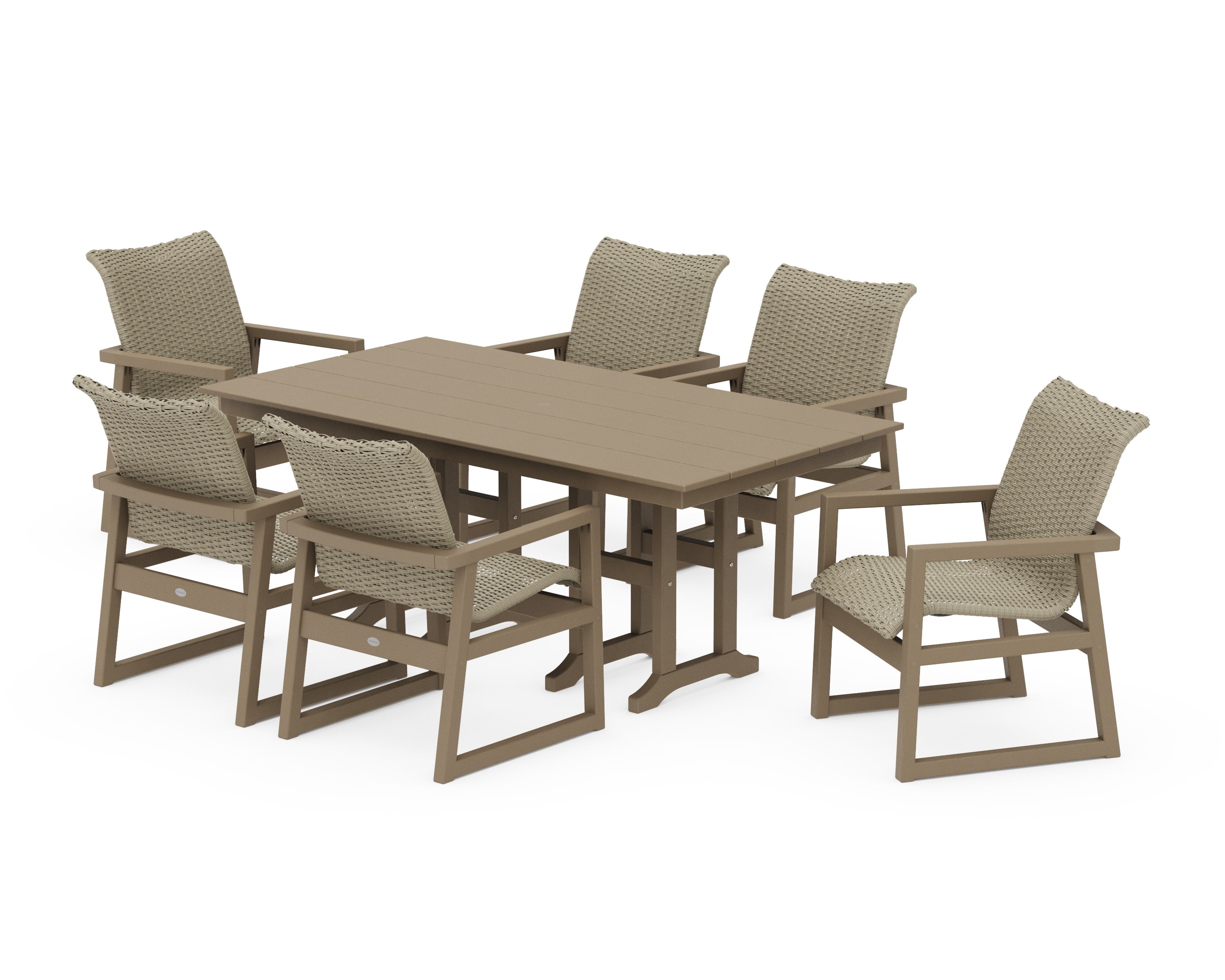 EDGE Woven Arm Chair 7-Piece Farmhouse Dining Set in Vintage Sahara / Dune Grass