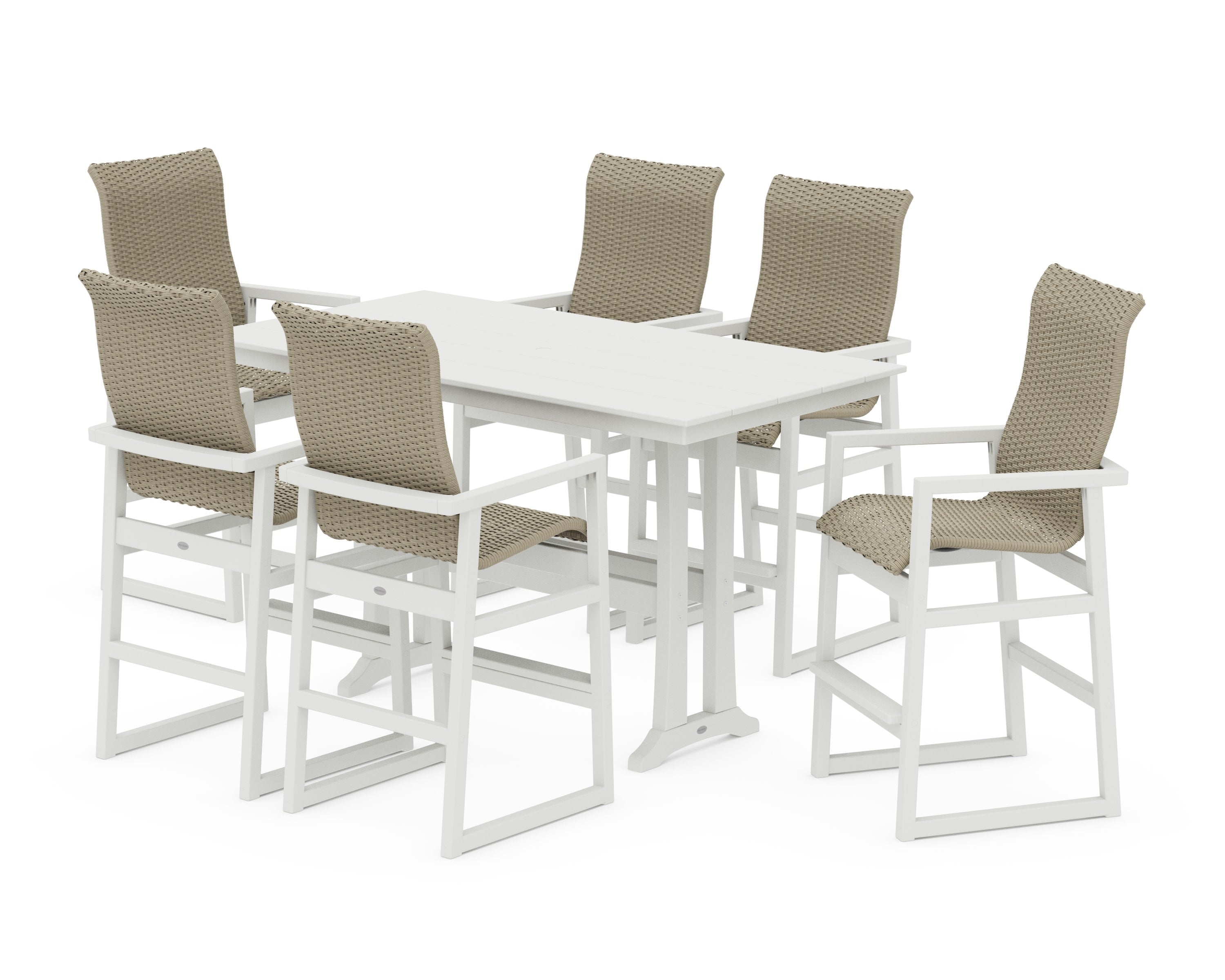 EDGE Woven Highback Arm Chair 7-Piece Farmhouse Bar Set with Trestle Legs in Vintage White / Dune Grass