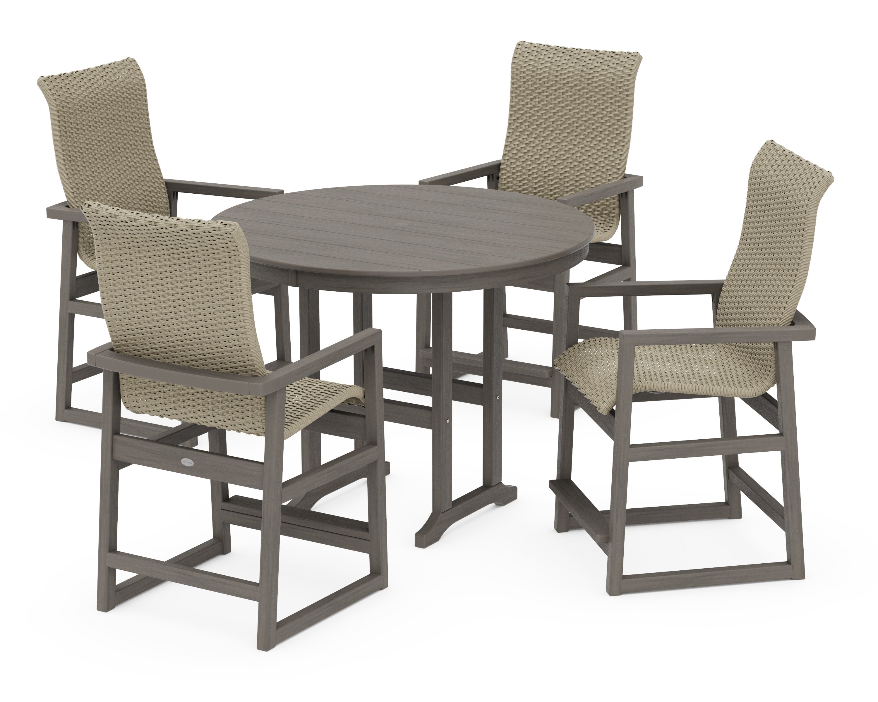 EDGE Woven Highback 5-Piece Round Farmhouse Counter Set in Driftwood / Dune Grass