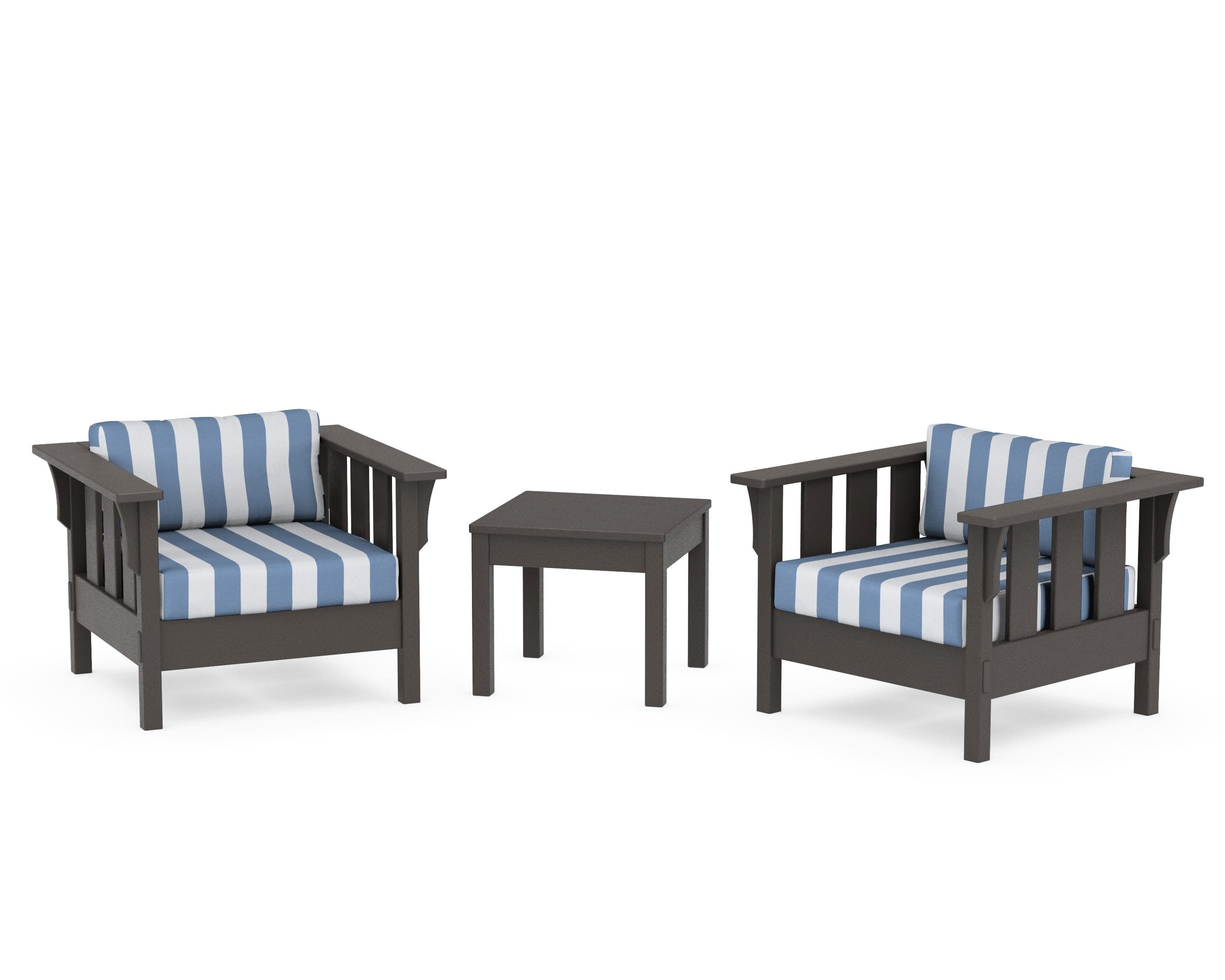 Acadia 3-Piece Deep Seating Set in Vintage Coffee / Cabana Stripe Sky Blue