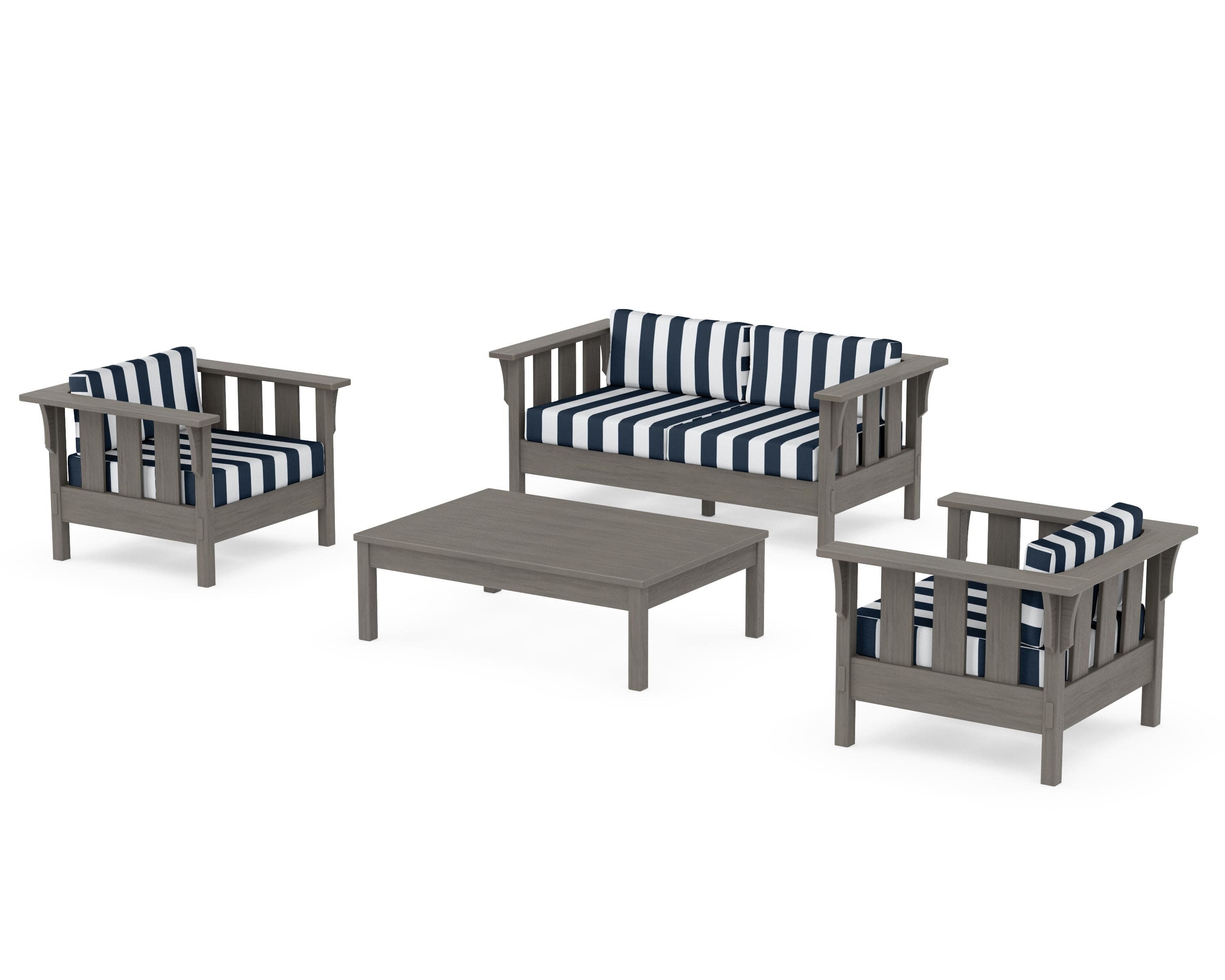 Acadia 4-Piece Deep Seating Set with Loveseat in Driftwood / Cabana Stripe Marine Indigo
