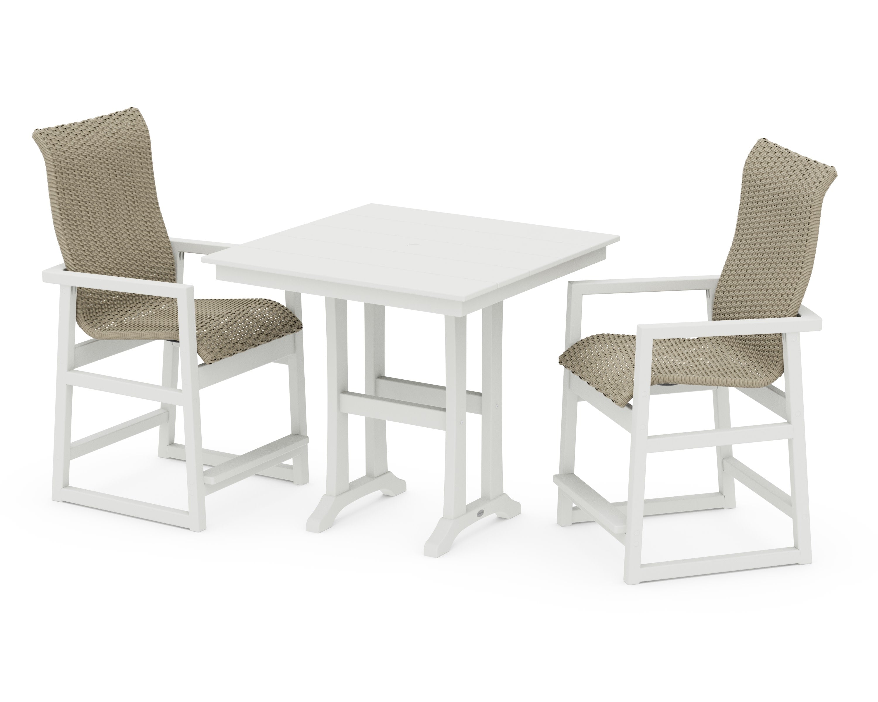 EDGE Woven Highback 3-Piece Farmhouse Counter Set with Trestle Legs in Vintage White / Dune Grass