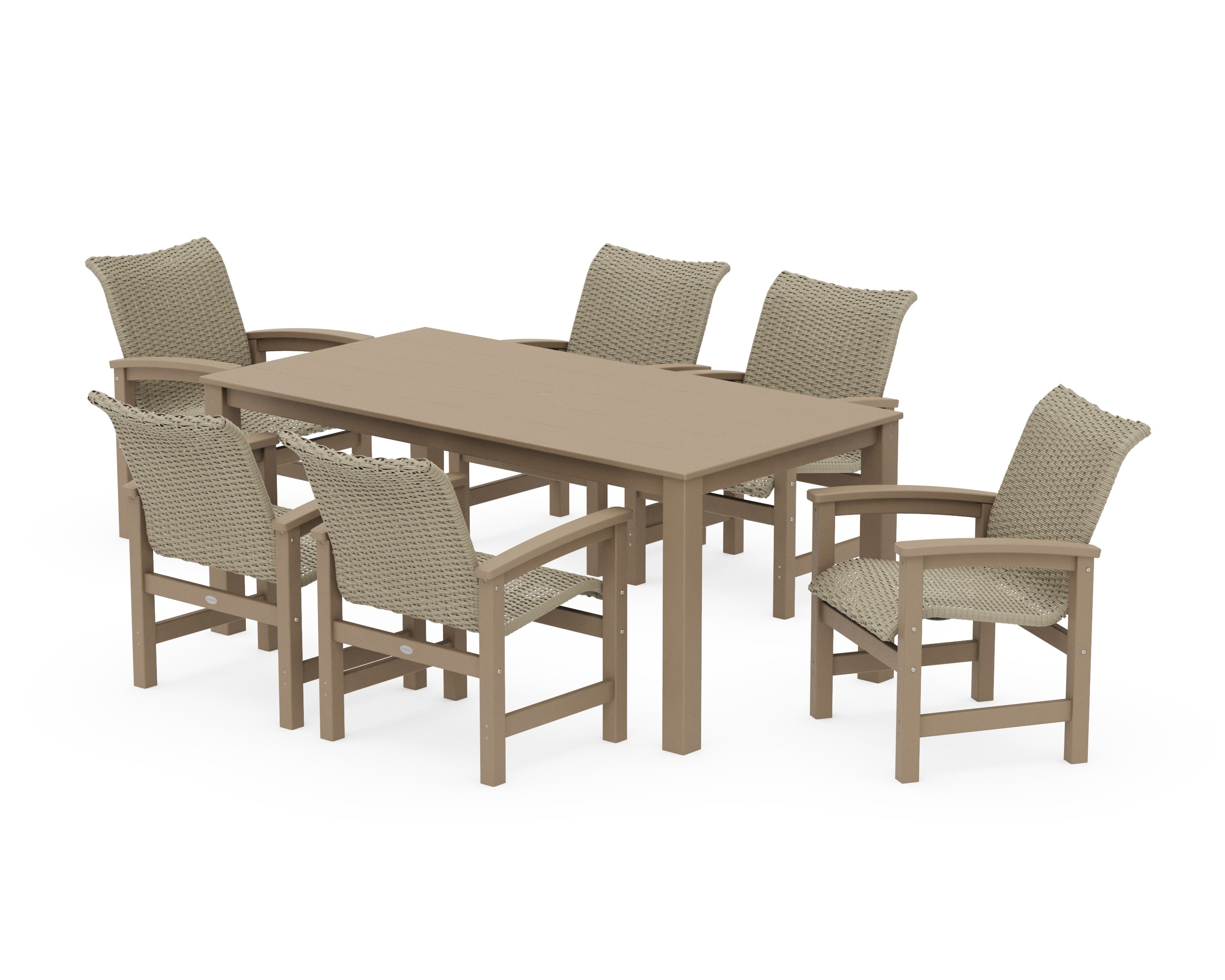 Coastal Woven Arm Chair 7-Piece Parsons Dining Set in Vintage Sahara / Dune Grass