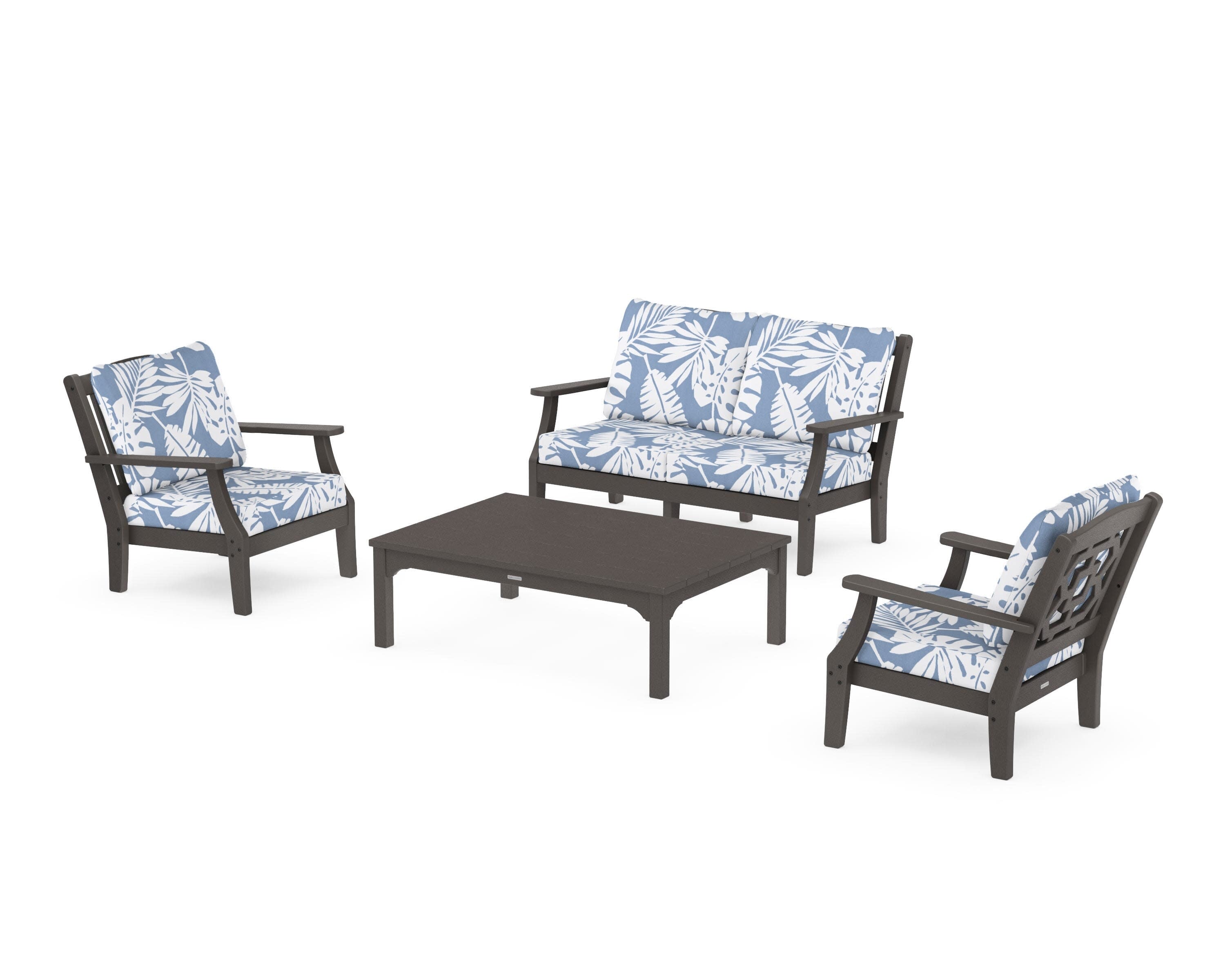 Chinoiserie 4-Piece Deep Seating Set with Loveseat in Vintage Coffee / Leaf Sky Blue