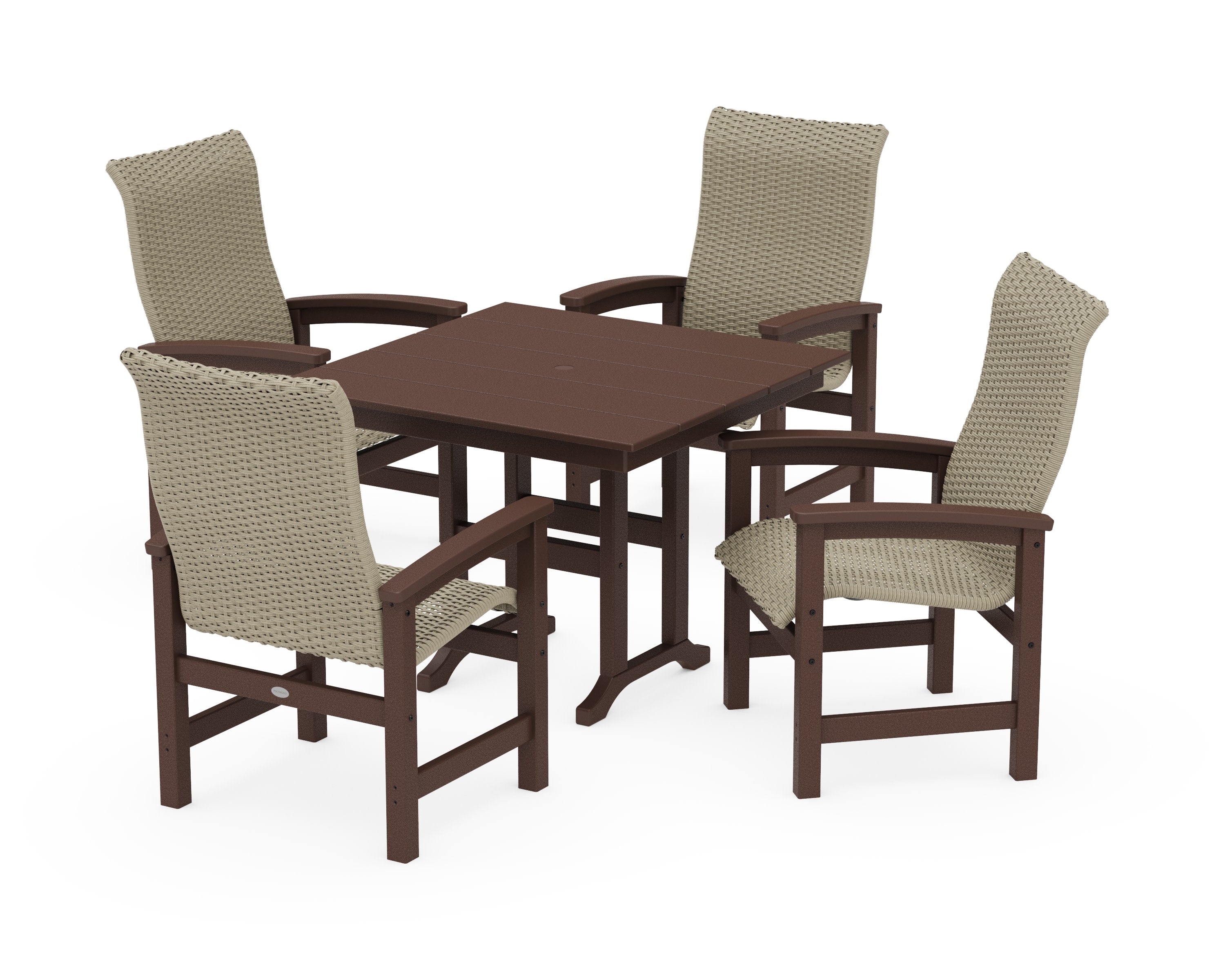 Coastal Woven High-Back 5-Piece Farmhouse Dining Set in Mahogany / Dune Grass