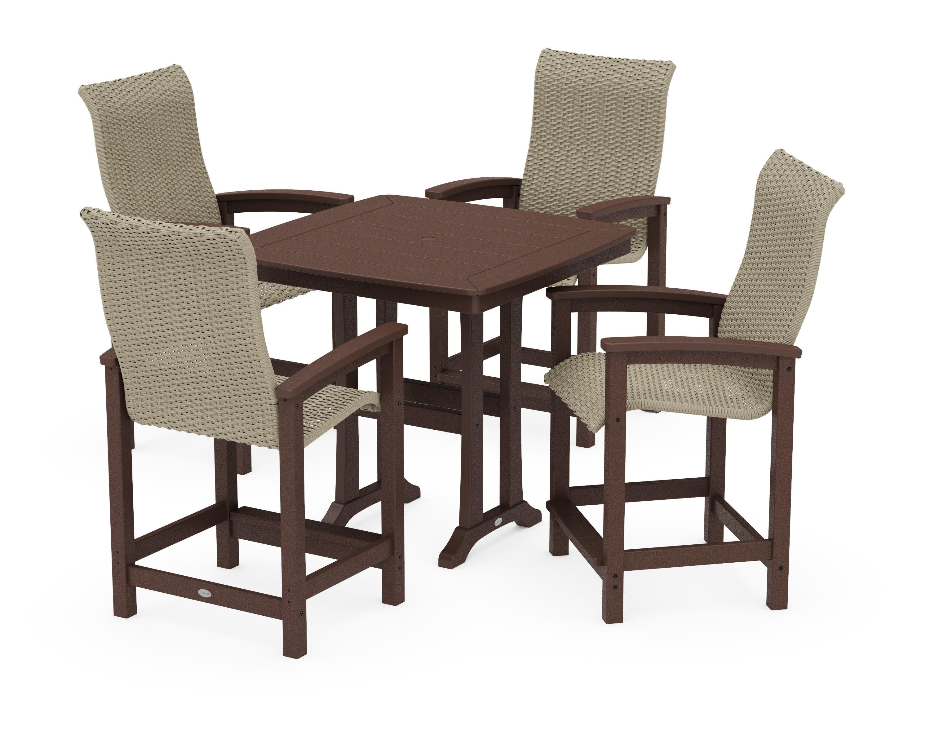 Coastal Woven High-Back 5-Piece Counter Set with Trestle Legs in Mahogany / Dune Grass