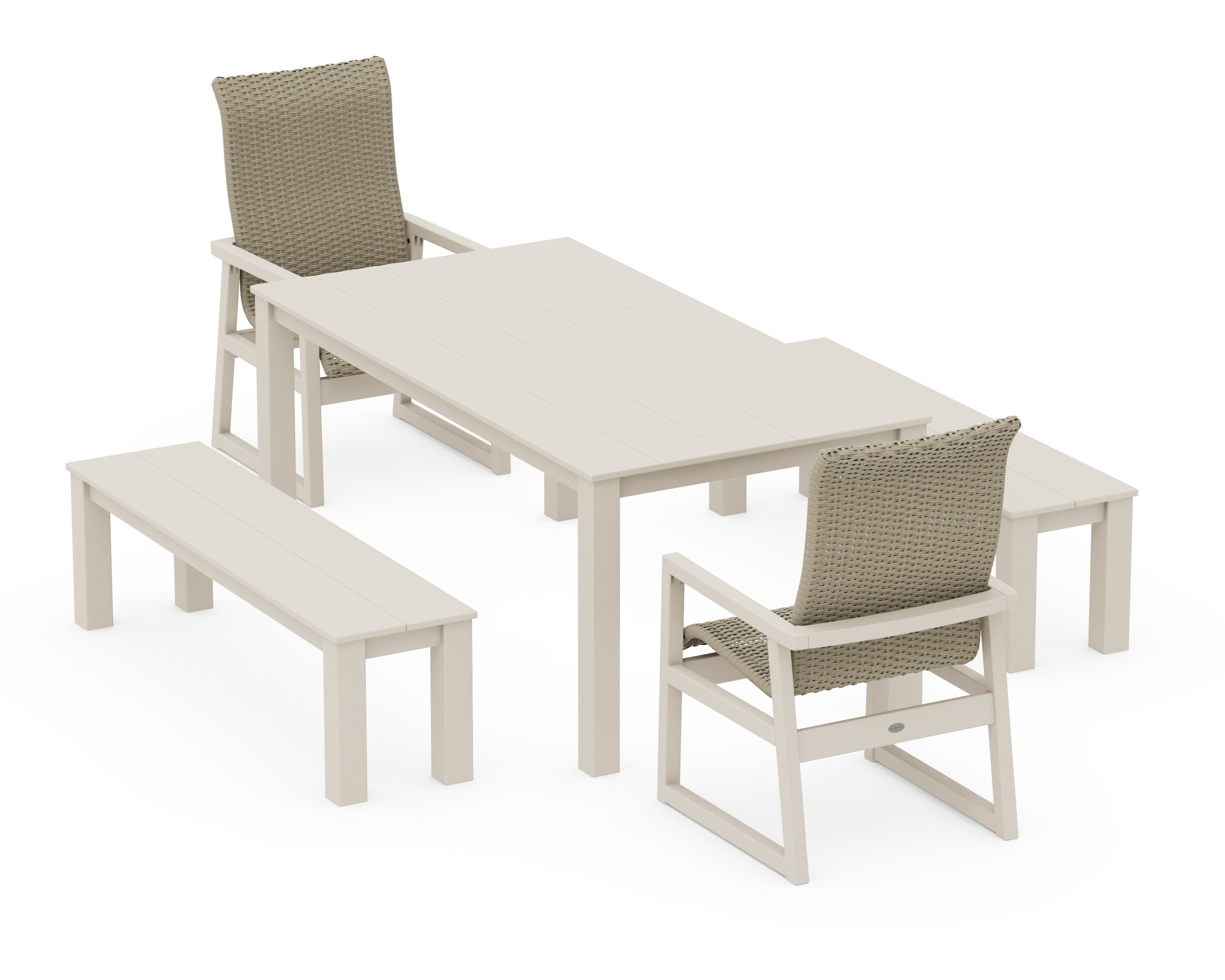 EDGE Woven Highback 5-Piece Parsons Dining Set with Benches in Sand / Dune Grass