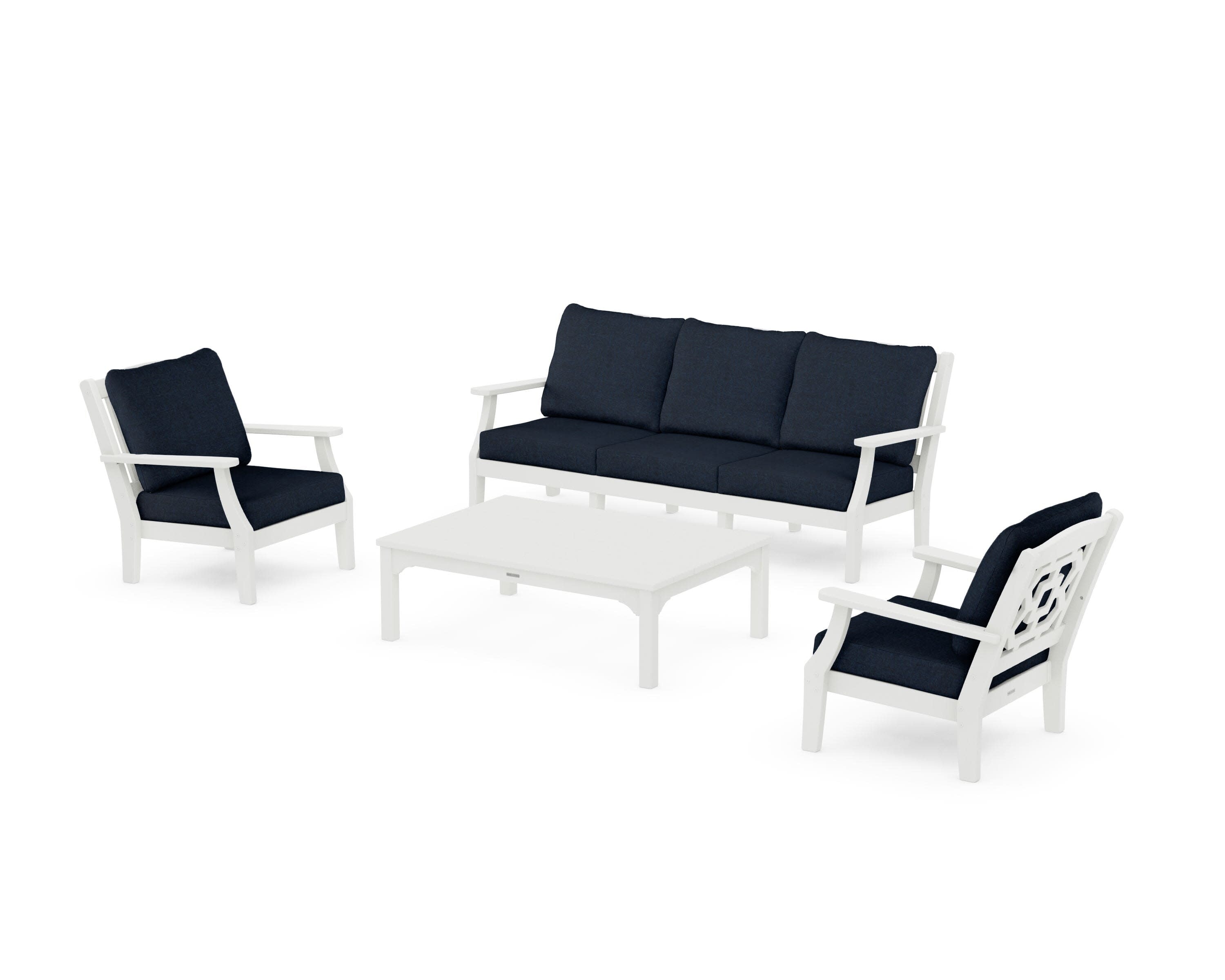 Chinoiserie 4-Piece Deep Seating Set with Sofa in Vintage White / Marine Indigo