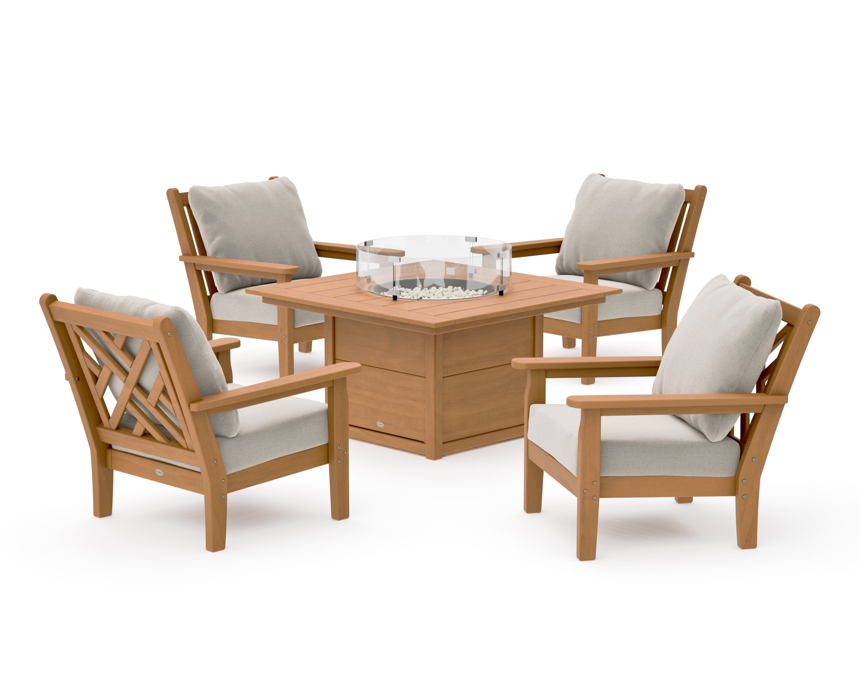 Chippendale 5-Piece Deep Seating Set with Fire Pit Table in Natural / Dune Burlap