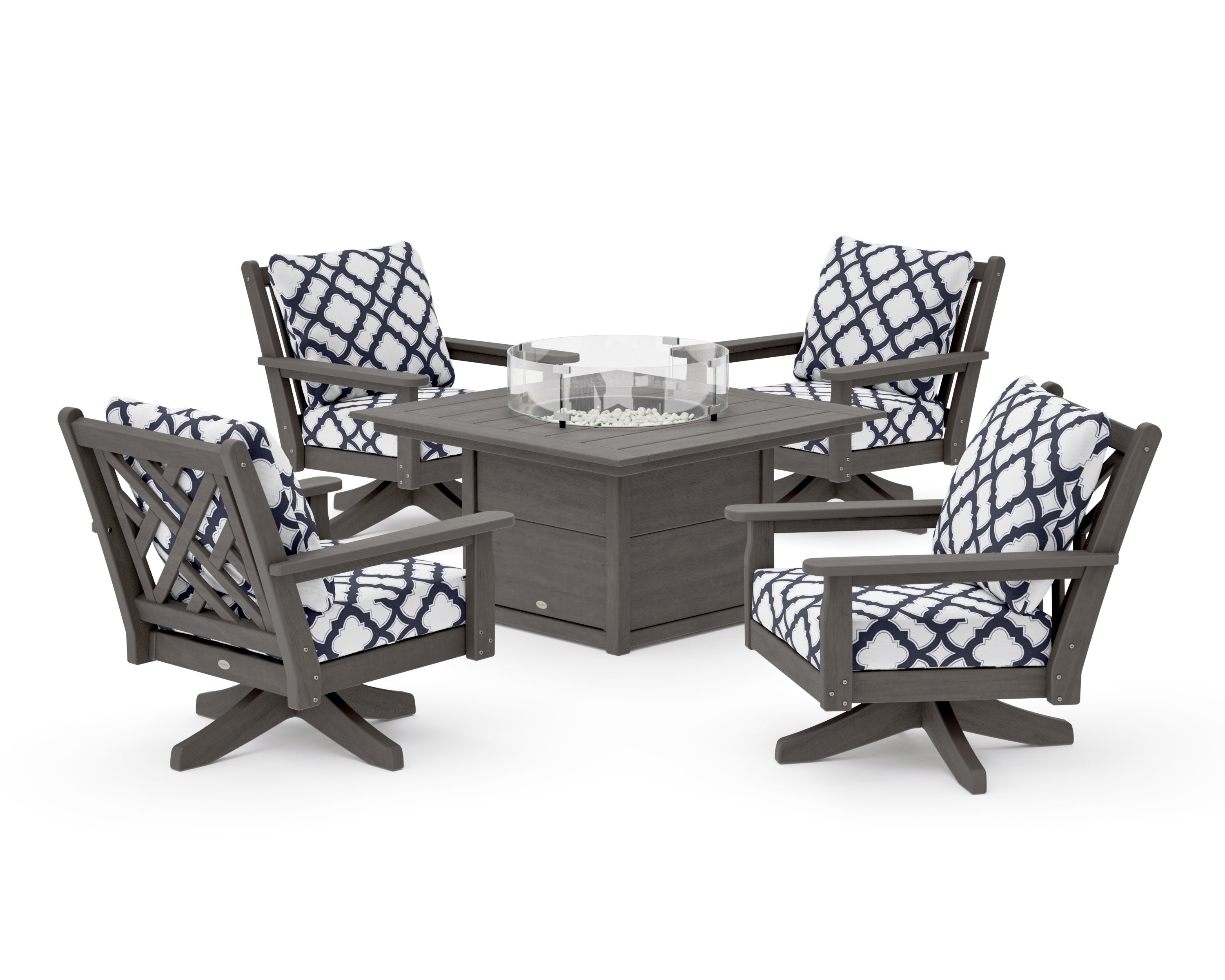 Chippendale 5-Piece Deep Seating Swivel Conversation Set with Fire Pit Table in Driftwood / Trellis Navy