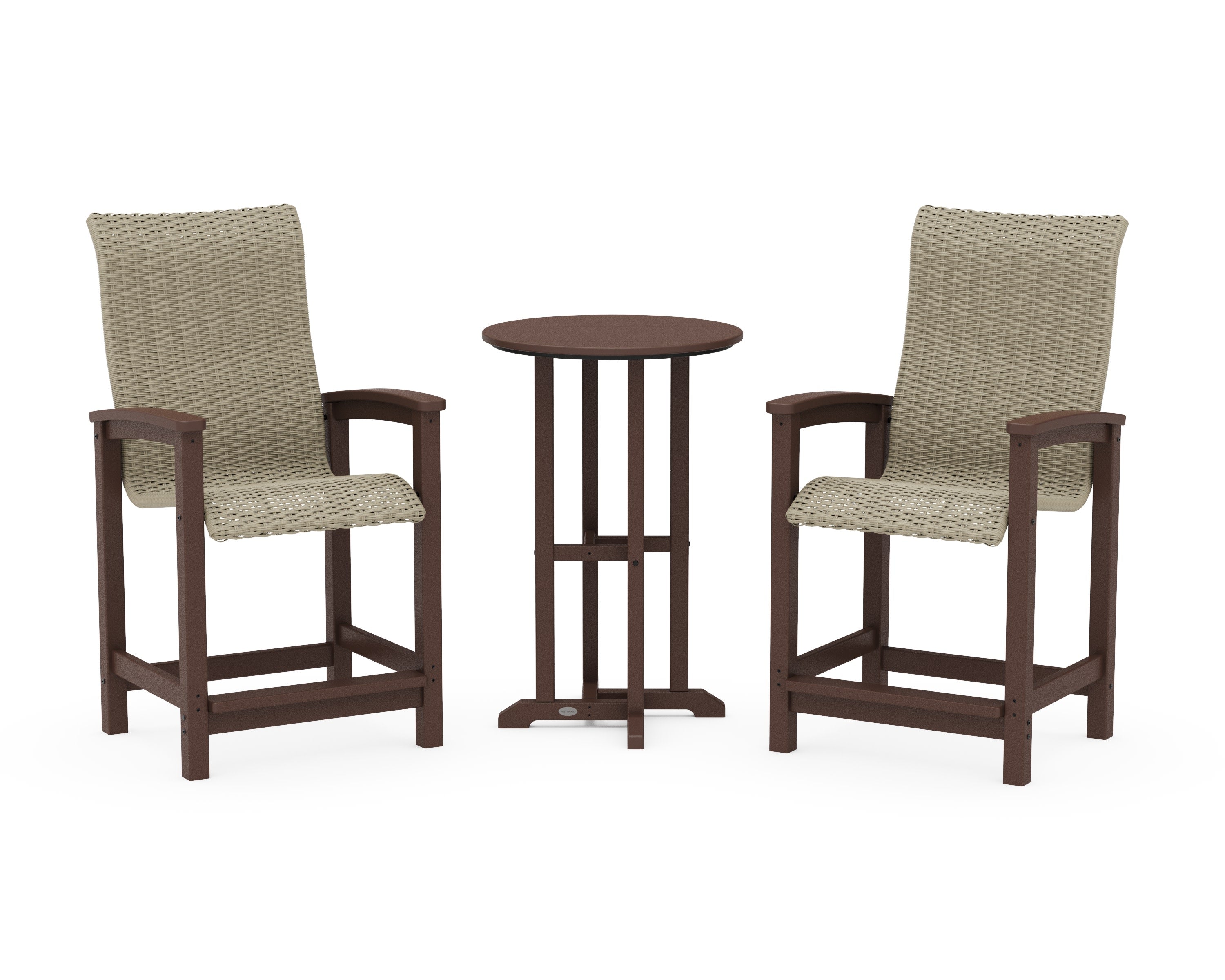 Coastal Woven High-Back 3-Piece Farmhouse Counter Set in Mahogany / Dune Grass