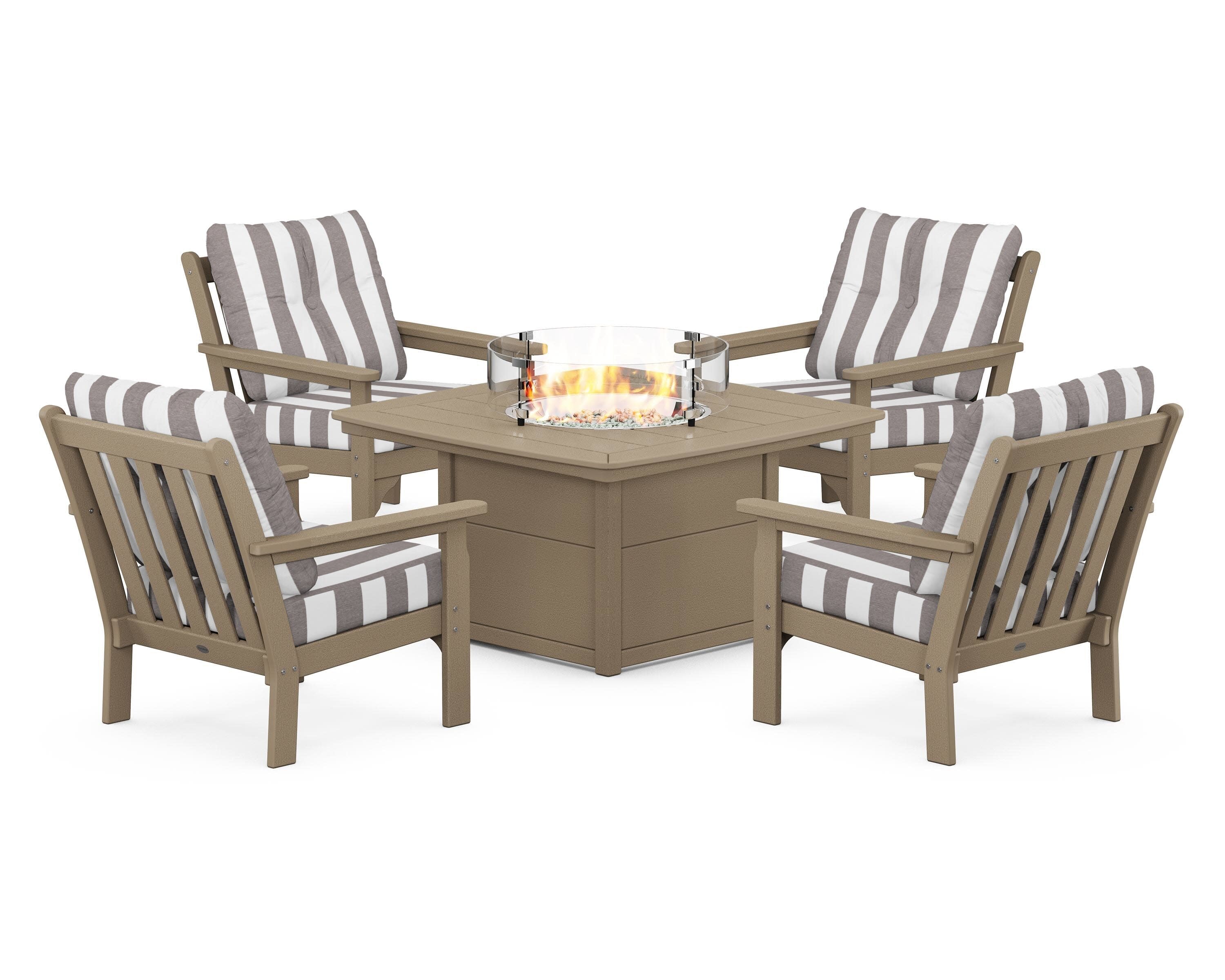 Vineyard 5-Piece Conversation Set with Fire Pit Table in Vintage Sahara / Cabana Stripe Grey Mist