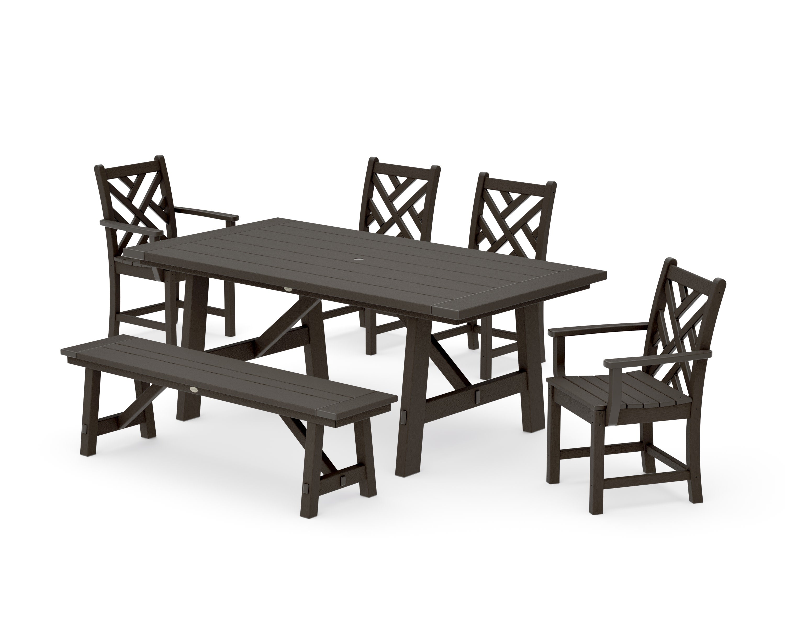 Chippendale 6-Piece Rustic Farmhouse Dining Set With Bench in Vintage Coffee