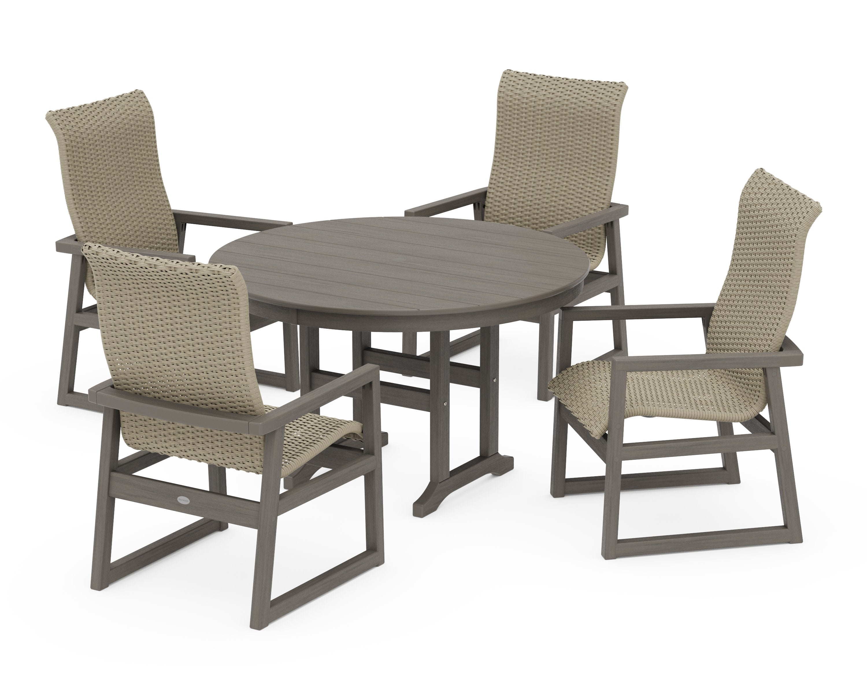 EDGE Woven Highback 5-Piece Round Farmhouse Dining Set in Driftwood / Dune Grass