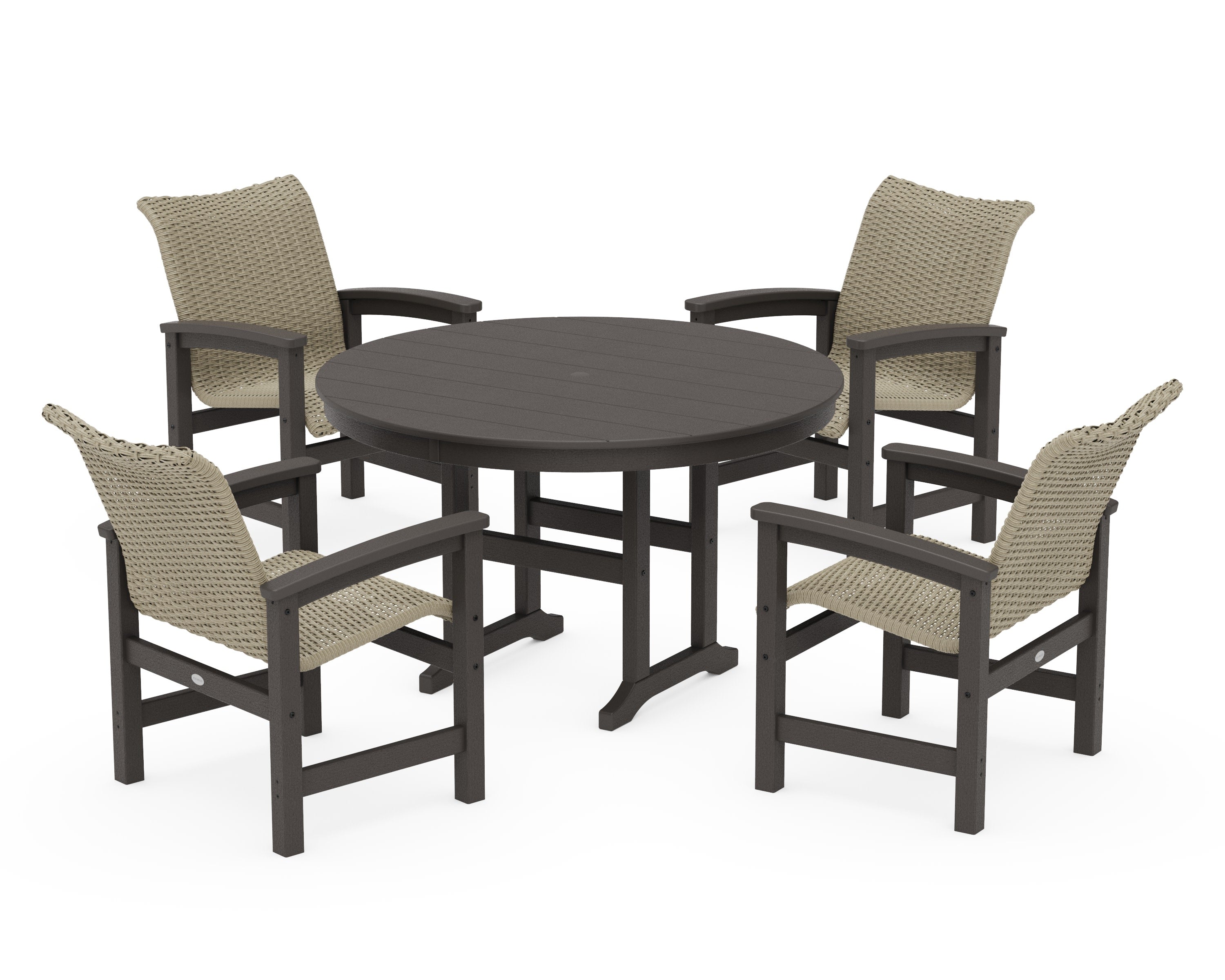 Coastal Woven 5-Piece Round Farmhouse Dining Set in Vintage Coffee / Dune Grass