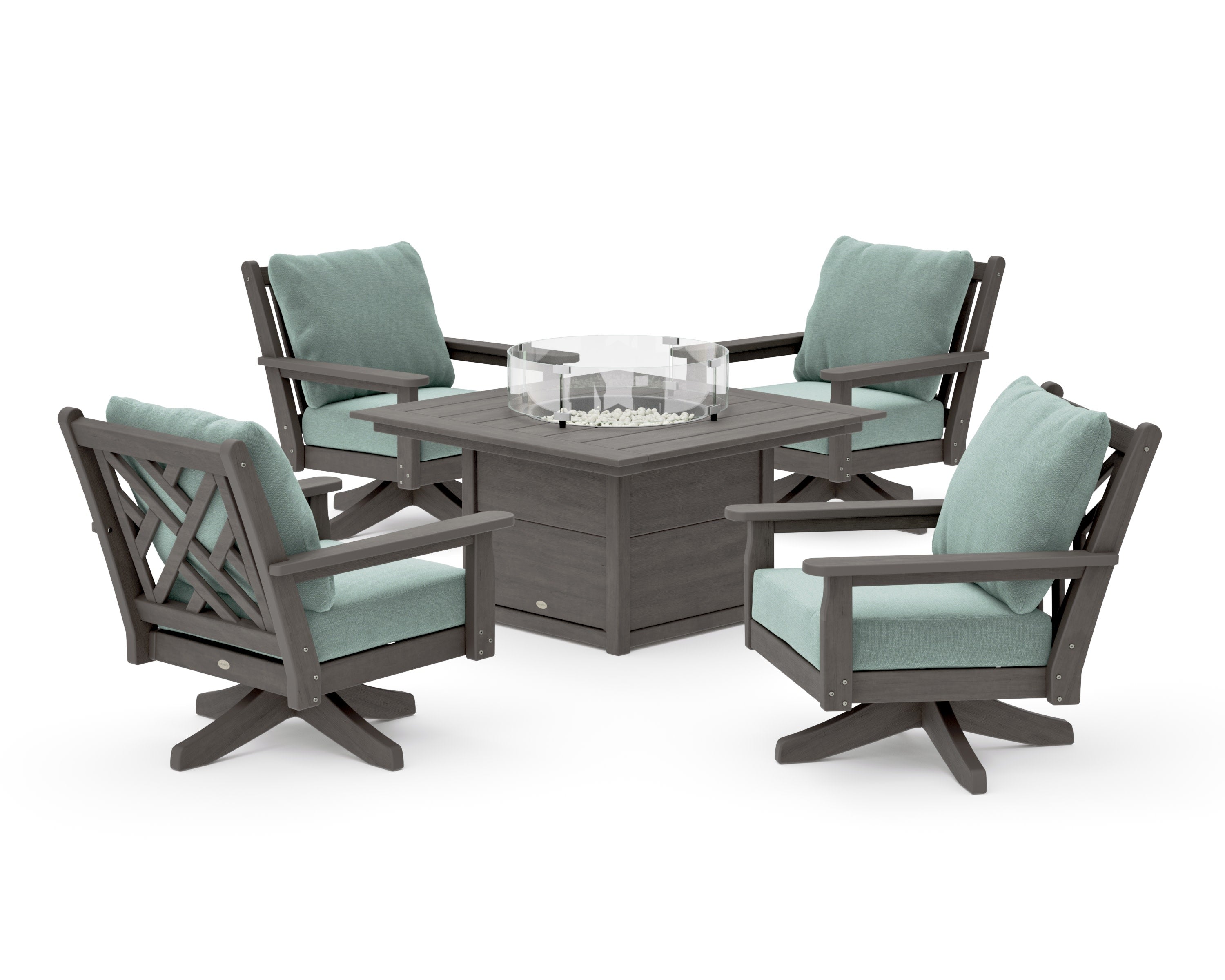 Chippendale 5-Piece Deep Seating Swivel Conversation Set with Fire Pit Table in Driftwood / Glacier Spa