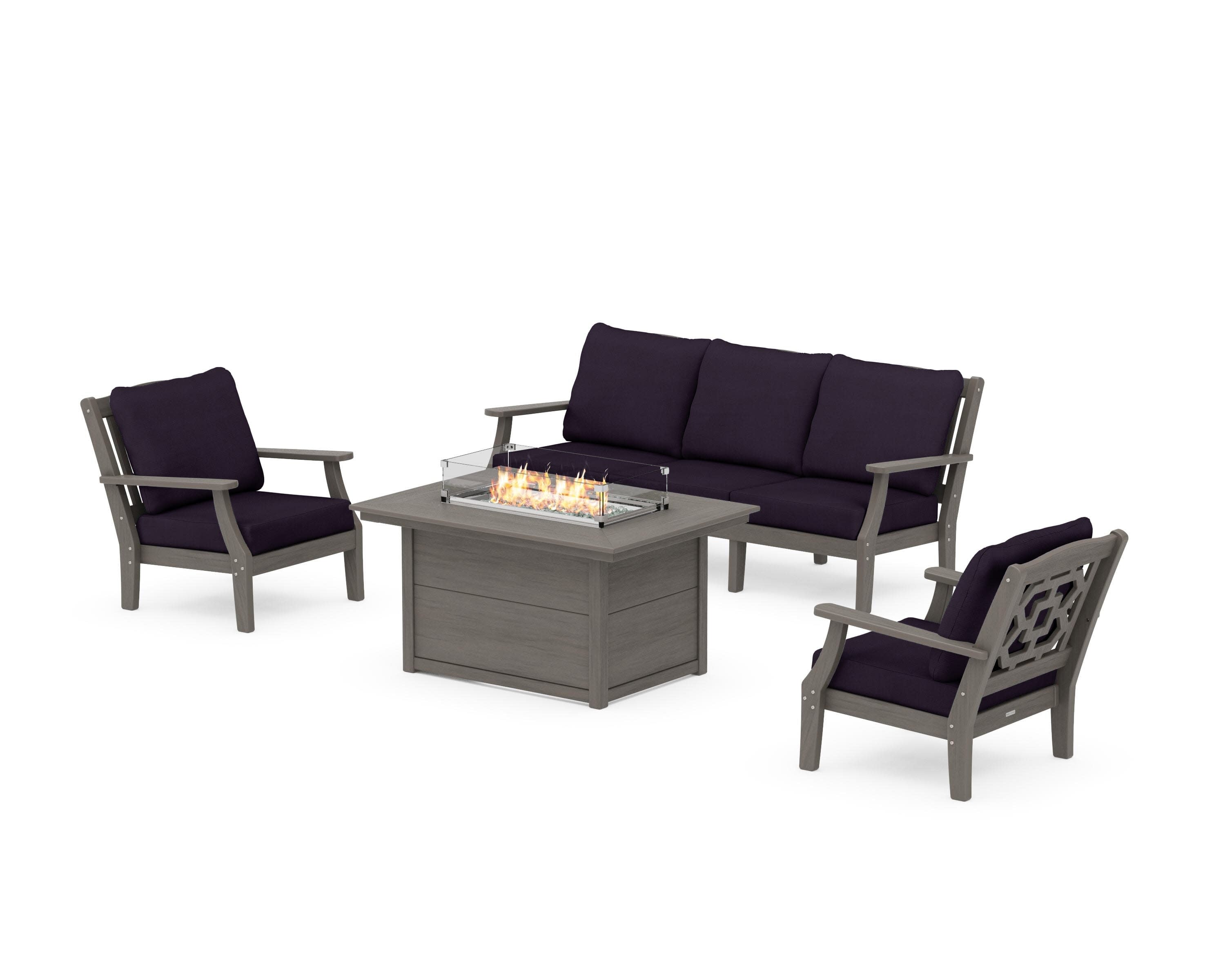 Chinoiserie Deep Seating Fire Pit Table Set in Driftwood / Navy Linen