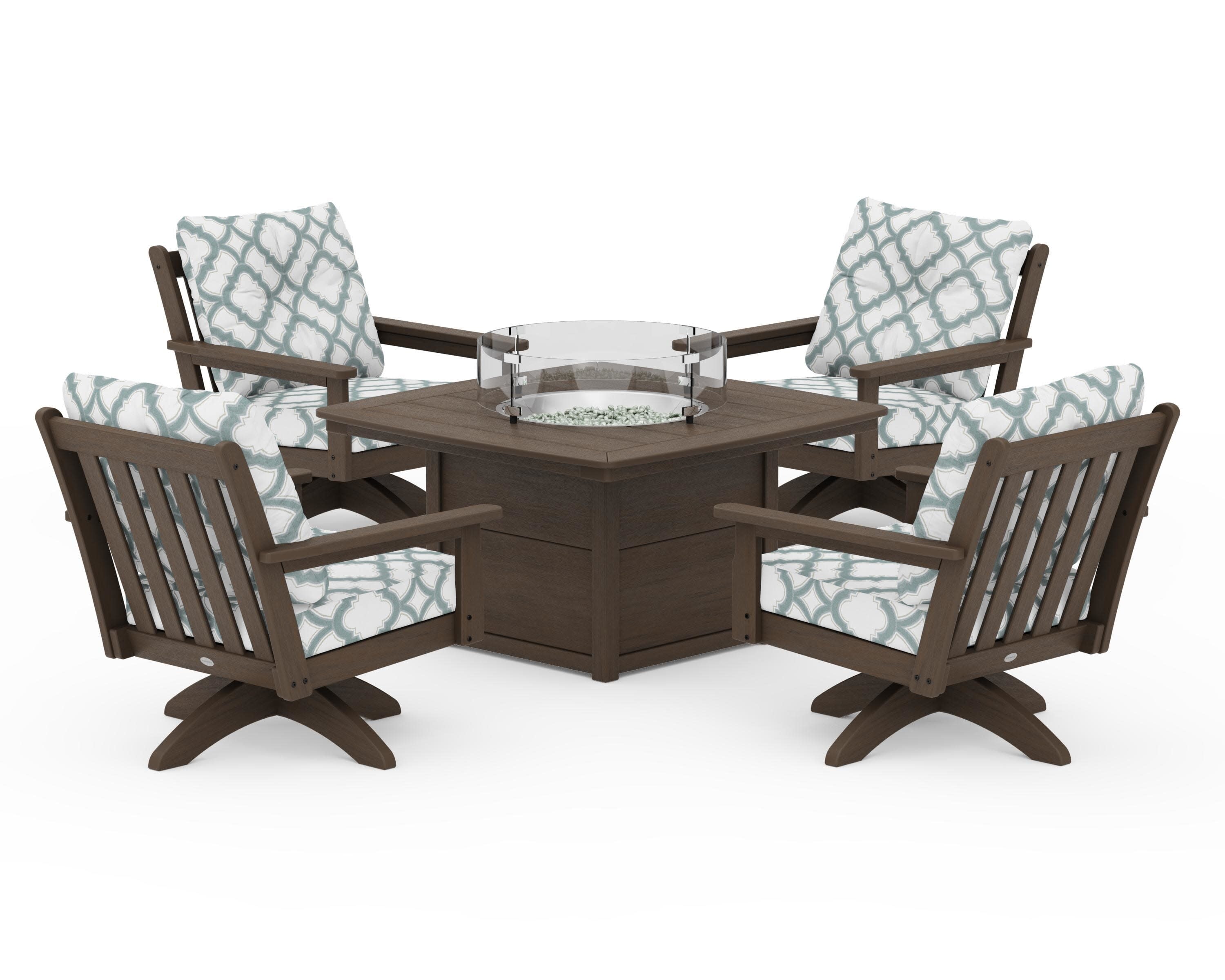 Vineyard 5-Piece Deep Seating Swivel Conversation Set with Fire Pit Table in Kona / Trellis Glacier Spa