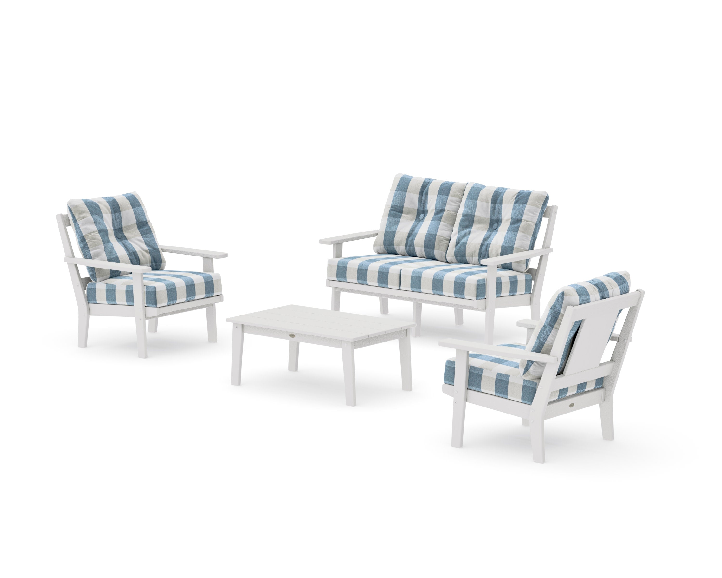 Prairie 4-Piece Deep Seating Set with Loveseat in Vintage White / Buffalo Plaid Sky Blue