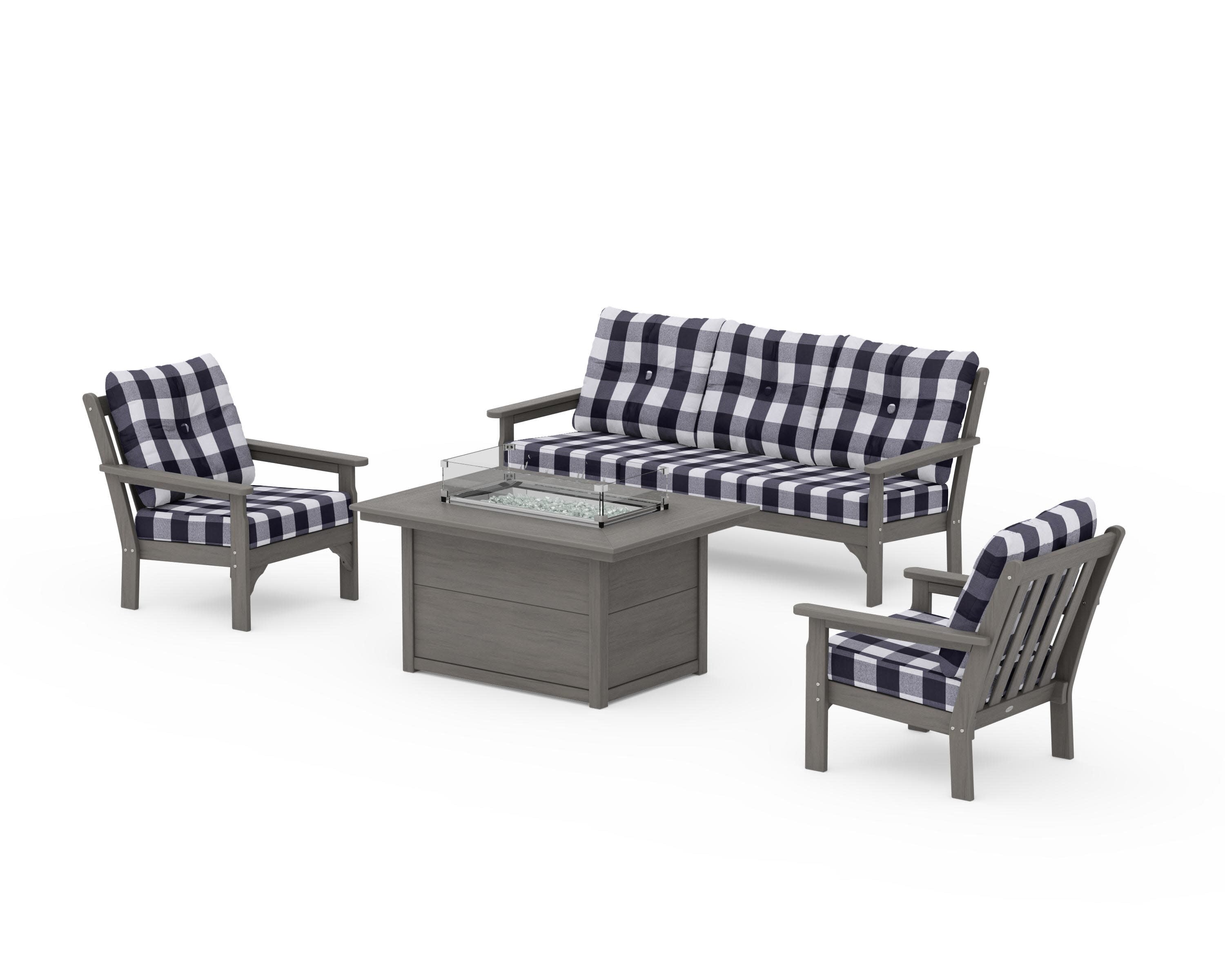 Vineyard Deep Seating Fire Pit Table Set in Driftwood / Buffalo Plaid Navy