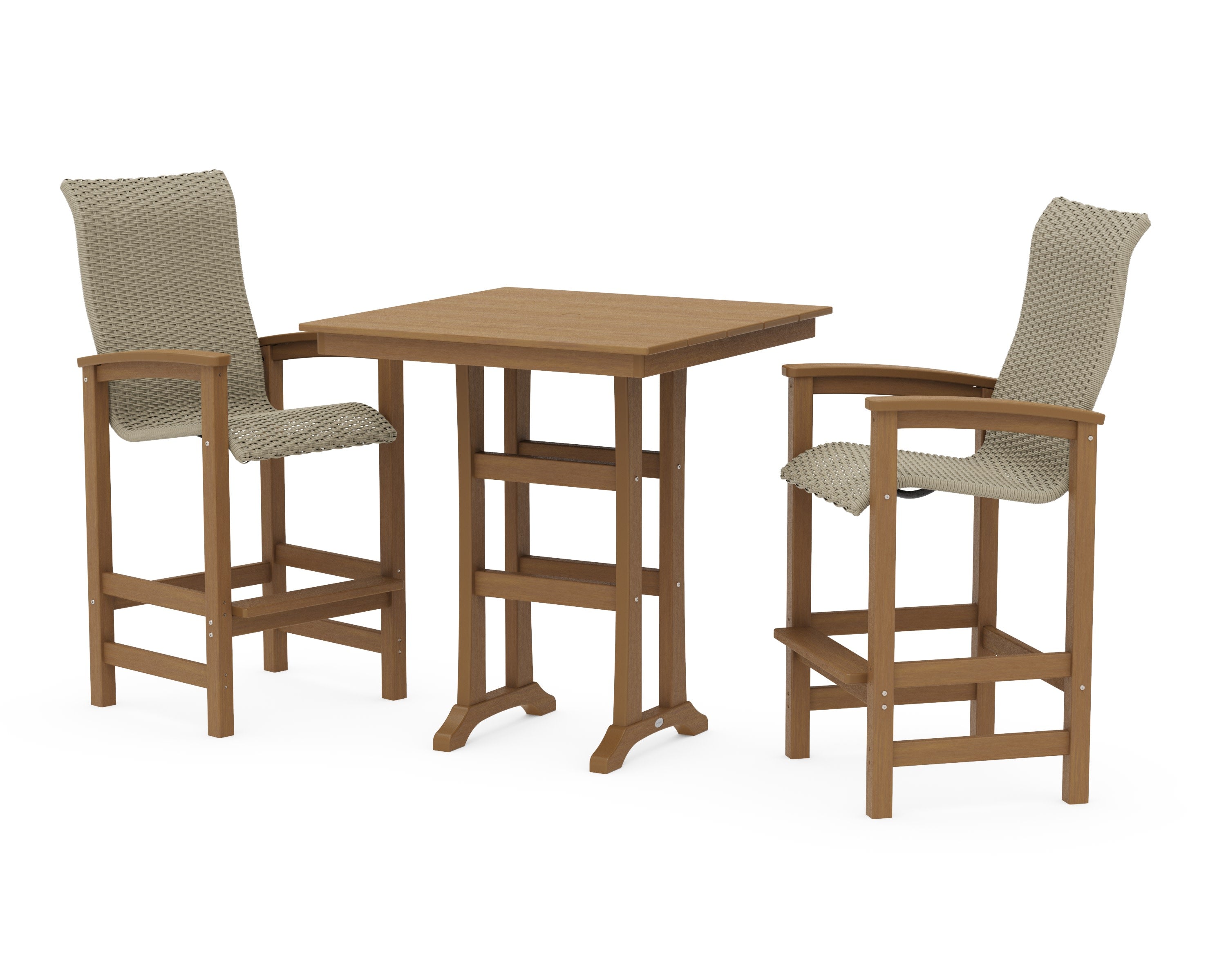 Coastal Woven High-Back 3-Piece Farmhouse Bar Set with Trestle Legs in Natural / Dune Grass