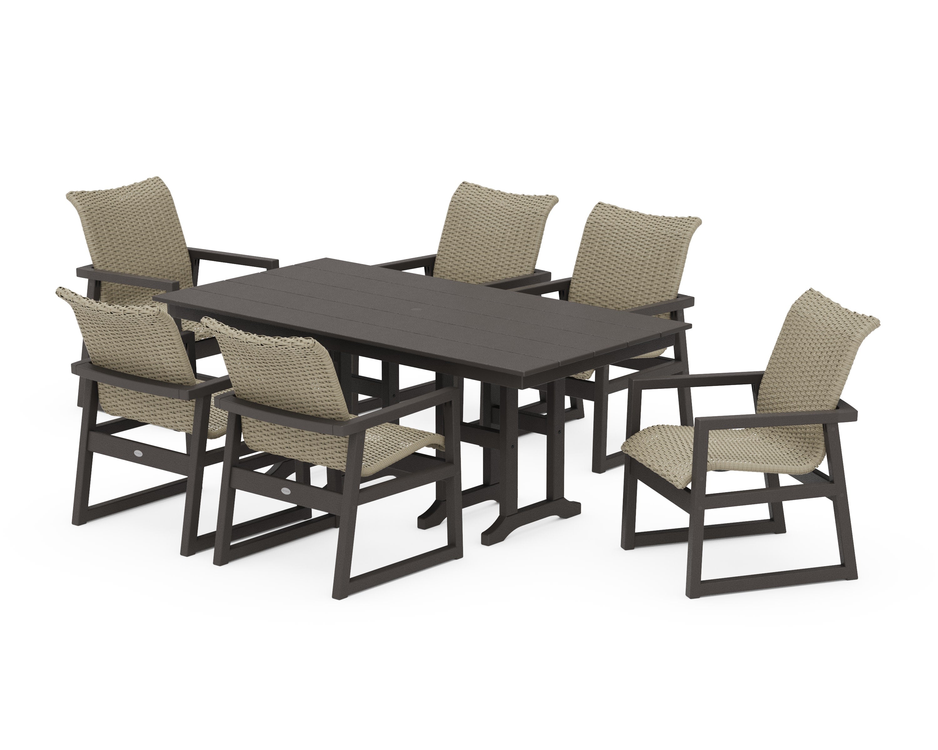 EDGE Woven Arm Chair 7-Piece Farmhouse Dining Set in Vintage Coffee / Dune Grass