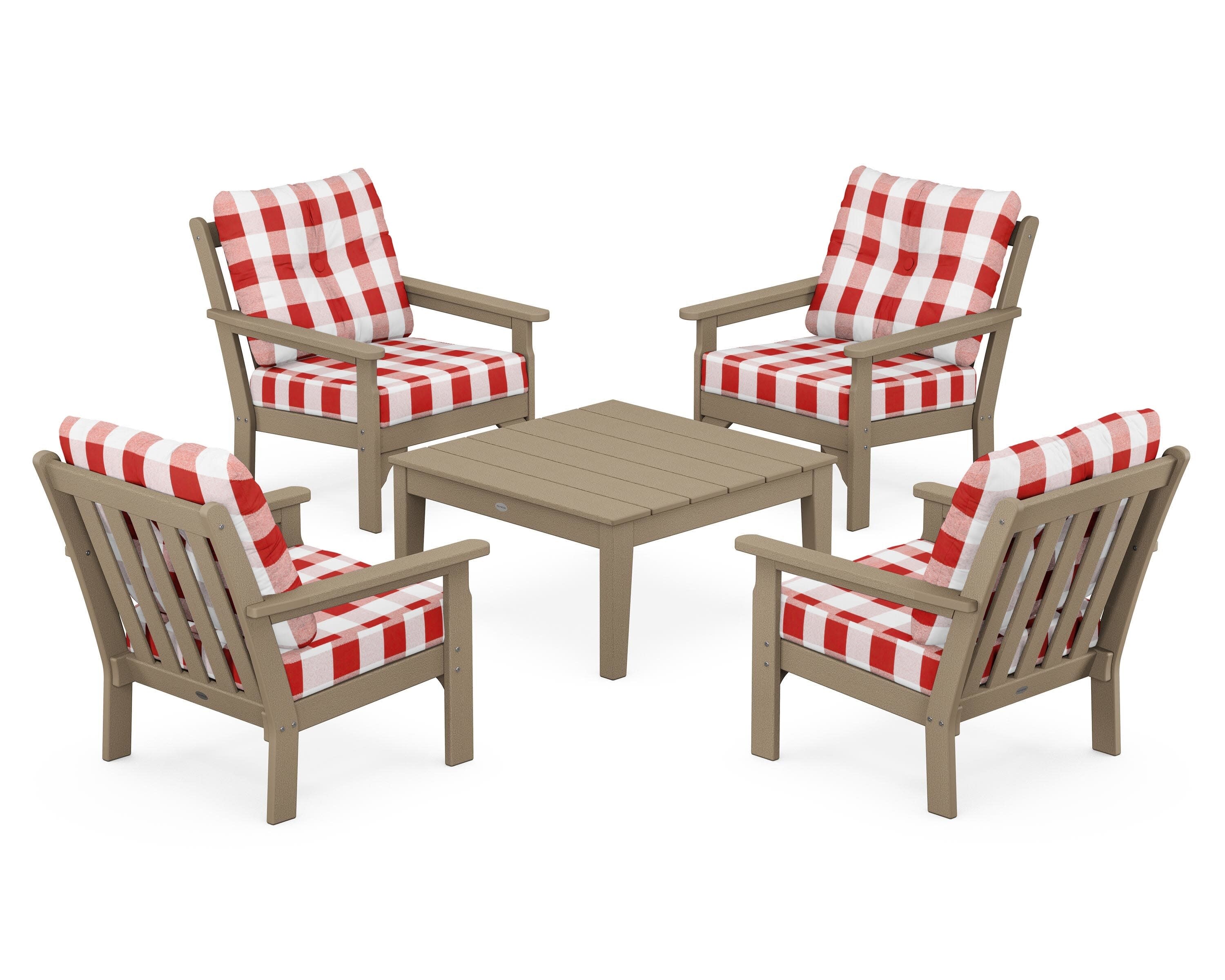 Vineyard 5-Piece Deep Seating Conversation Set in Vintage Sahara / Buffalo Plaid Crimson